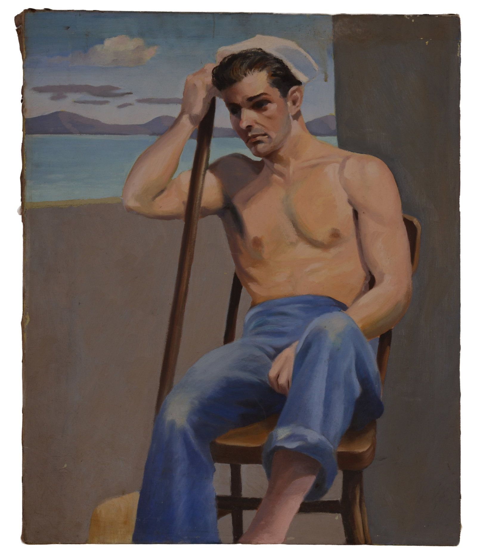 Oil Painting of a Bare Chested American Sailor: Oil on canvas, 33 x 27 inches, inscribed J. Kaplan and dated 1942 on verso.
