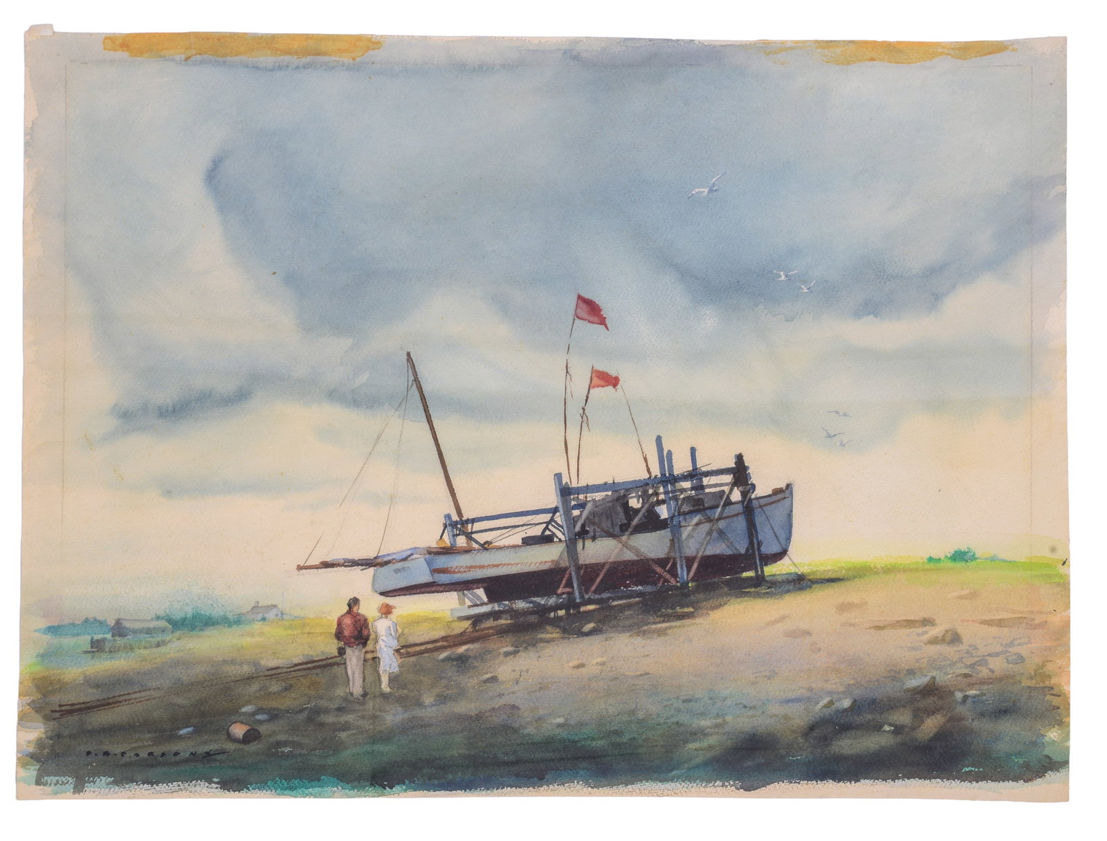 Phillip Brown Parsons (1895-1977). Boat in Dry Dock.: Watercolor on paper, 21 x 27 inches, signed lower left. Unframed.
