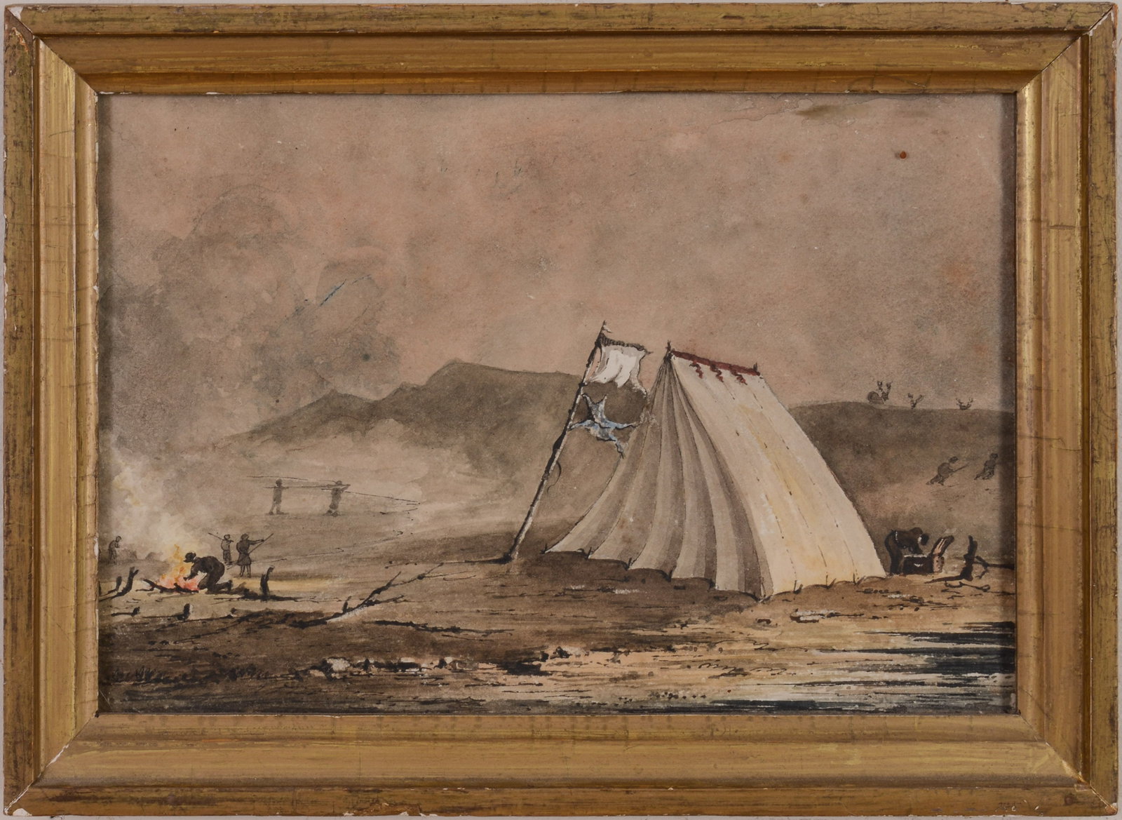 19th Century Painting of a Campsite.: Watercolor on paper, 7 x 10 inches, sight. In a lemon gold frame.