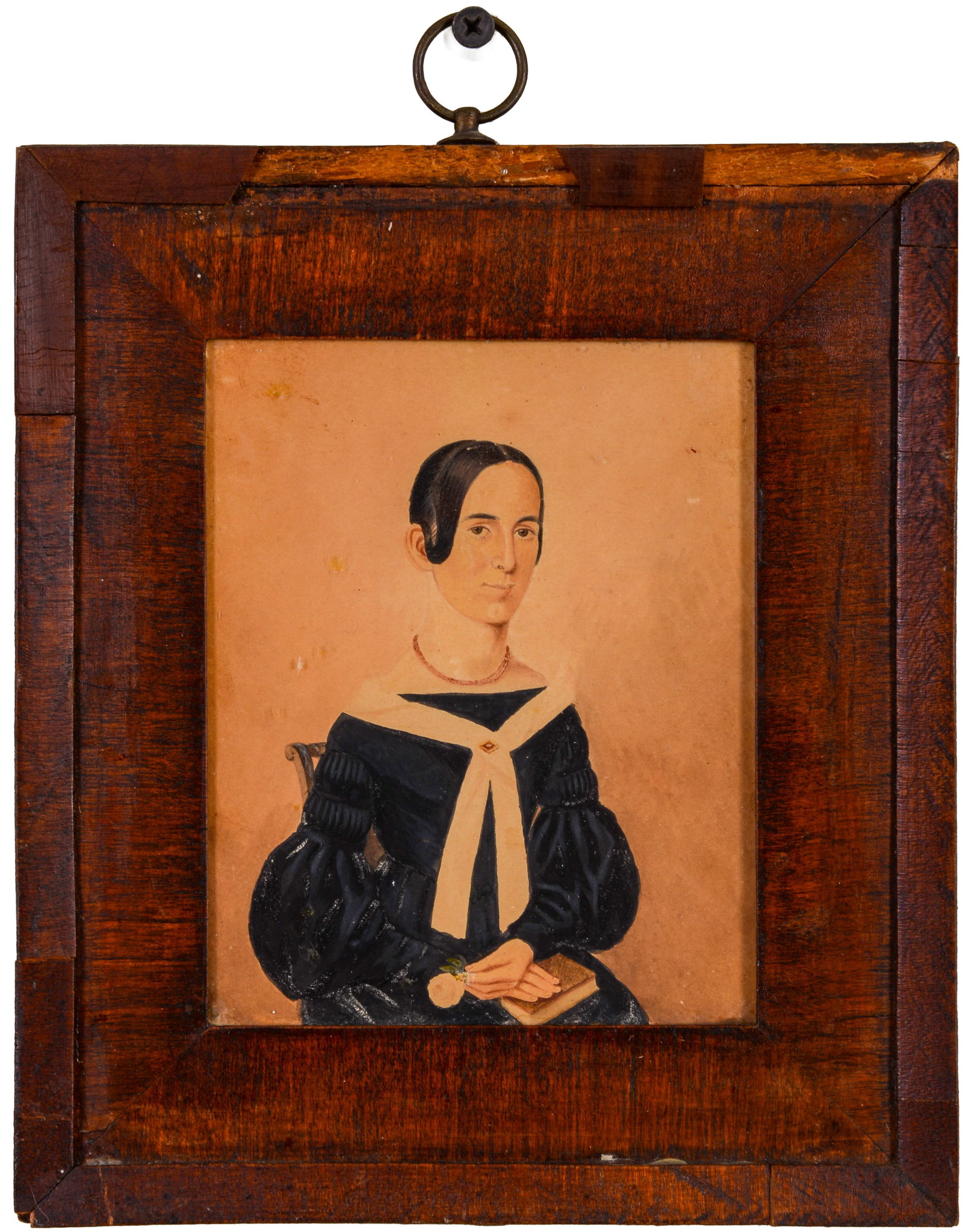 19th Century Portrait of a Woman.: Watercolor on paper, 5 x 4 inches, sight. Inscription on verso. Framed, some damage to frame.