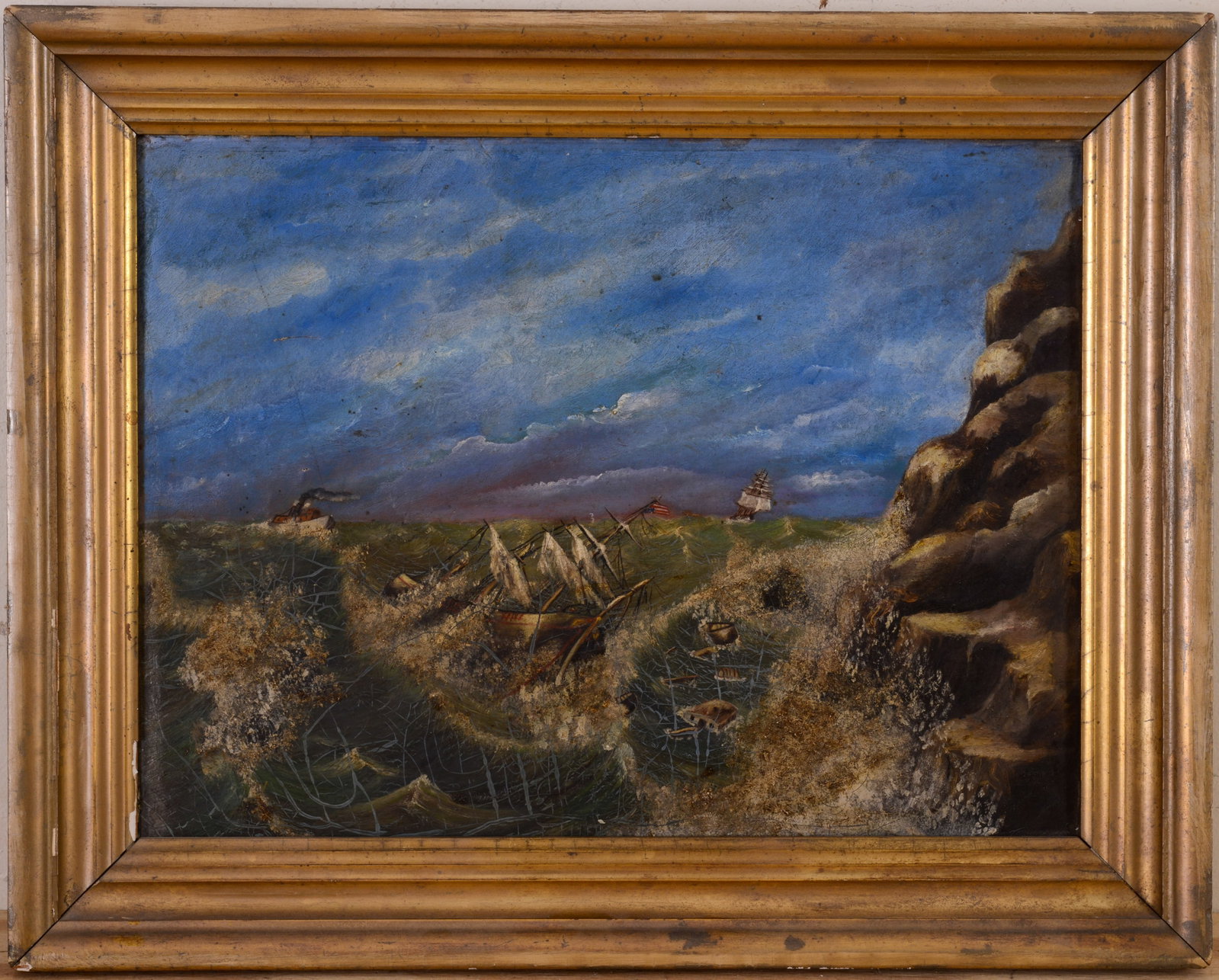 Folk Art Painting of a Shipwreck.: Oil on canvas, 12 x 16 inches. Framed, 16 x 19.5 inches. Some overall craquelure.