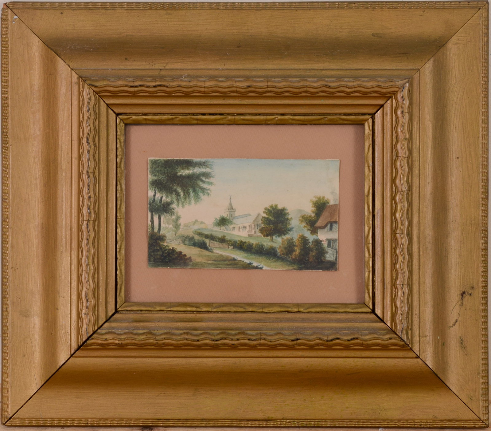 Small English Watercolor With Church.: 4 x 6.5 inches. Framed, 14 x 16 inches. Some small losses to frame.