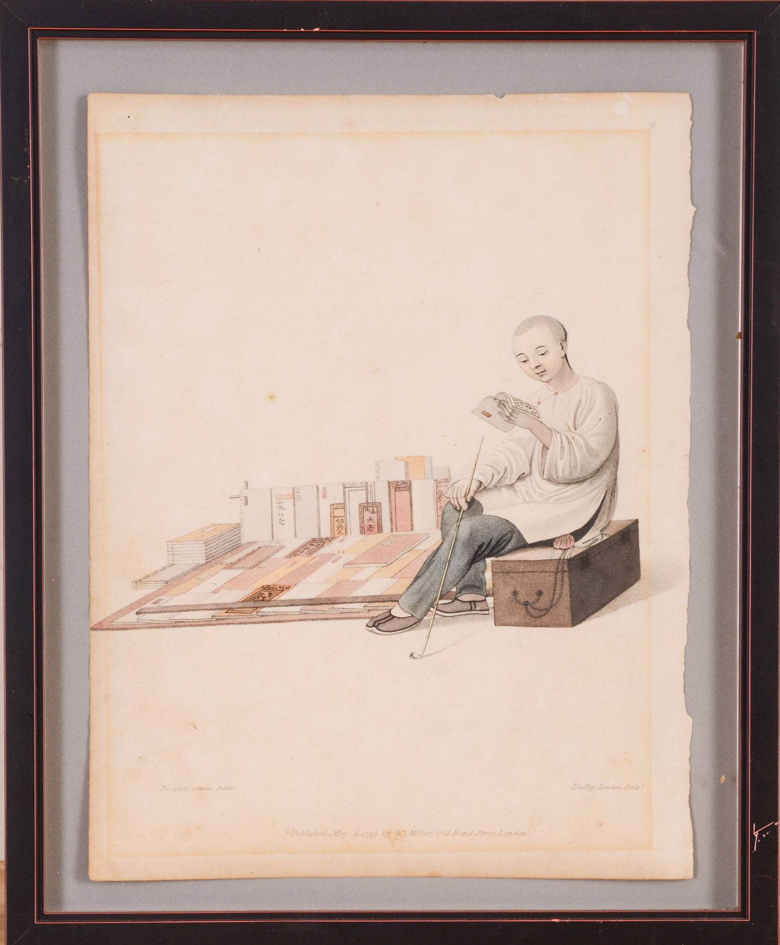 English Lithograph, After Pu-Qua.: Sheet 12 x 9.5 inches, published 1799 by W. Miller, Old Bond Street, London. Some foxing and overall toning. Framed, 15 x 12 inches.