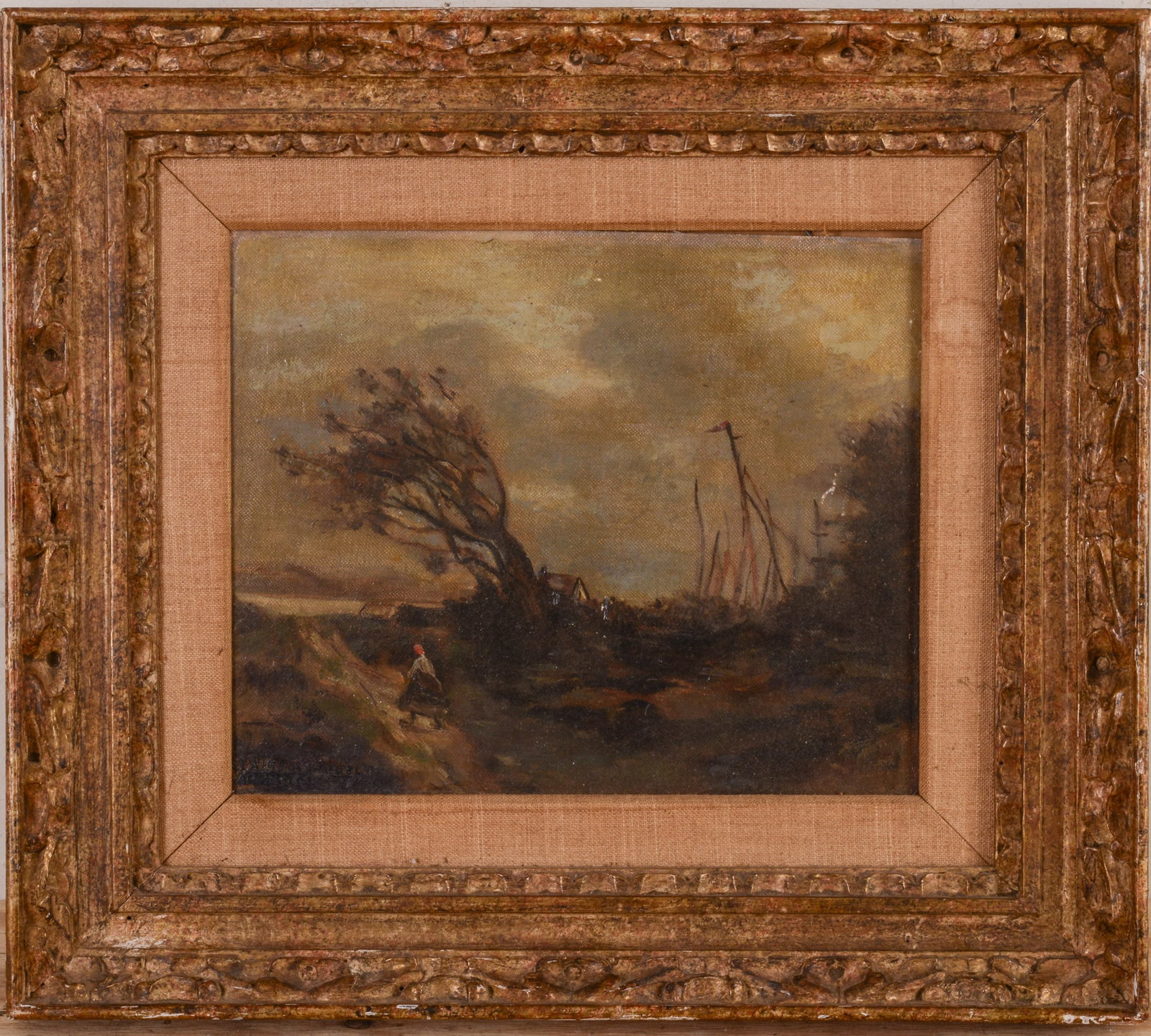 Early 20th Century Painting of a Woman on a Path.: Oil on board, 8.5 x 10.5 inches, signed lower left. Framed, 14.5 x 16.5 inches.