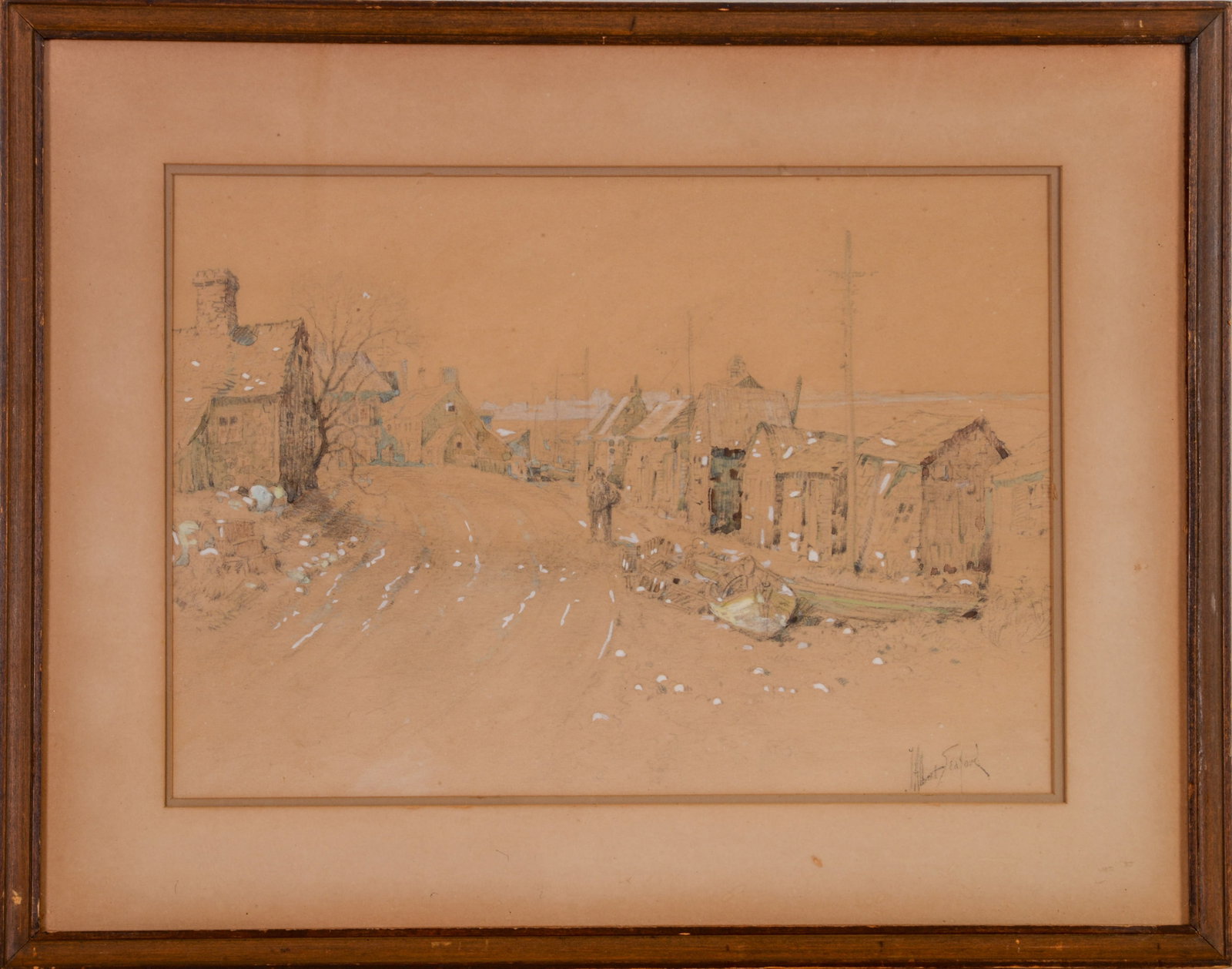 John Albert Seaford (1858-1936). Clam Shacks, Newburyport.: Watercolor and gouache on paper, 10.5 x 17 inches, signed lower right.