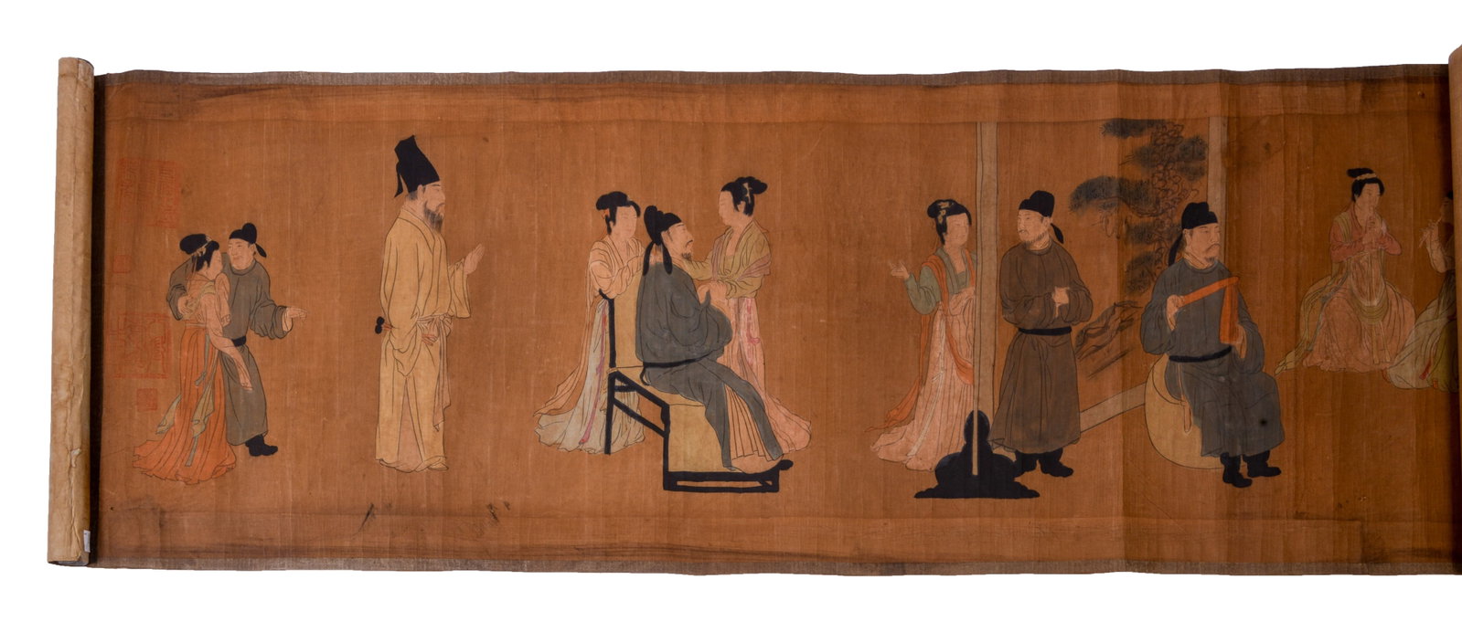 19th Century Scroll of The Night Revels of Han Xizai.: 2 feet by approximately 23 feet long. Some fading.