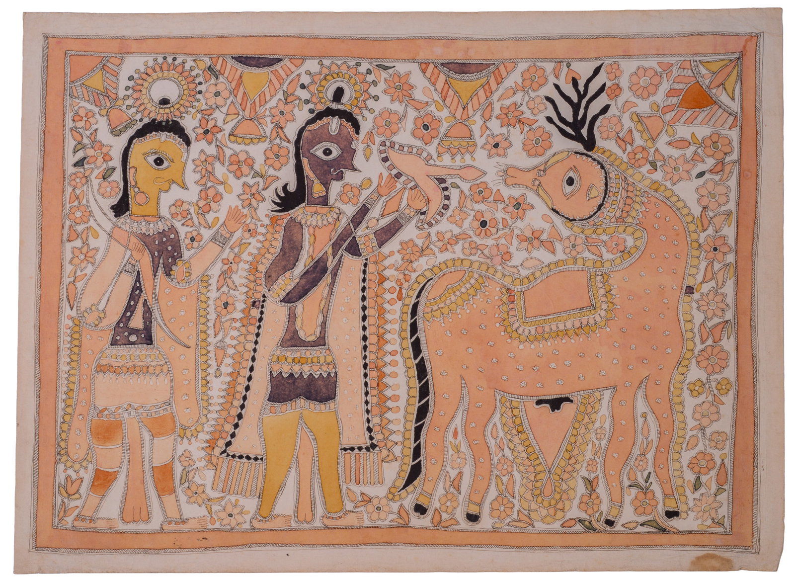 Indian Madhubani (Mithila) Folk Painting.: Sheet 23 x 30 inches.