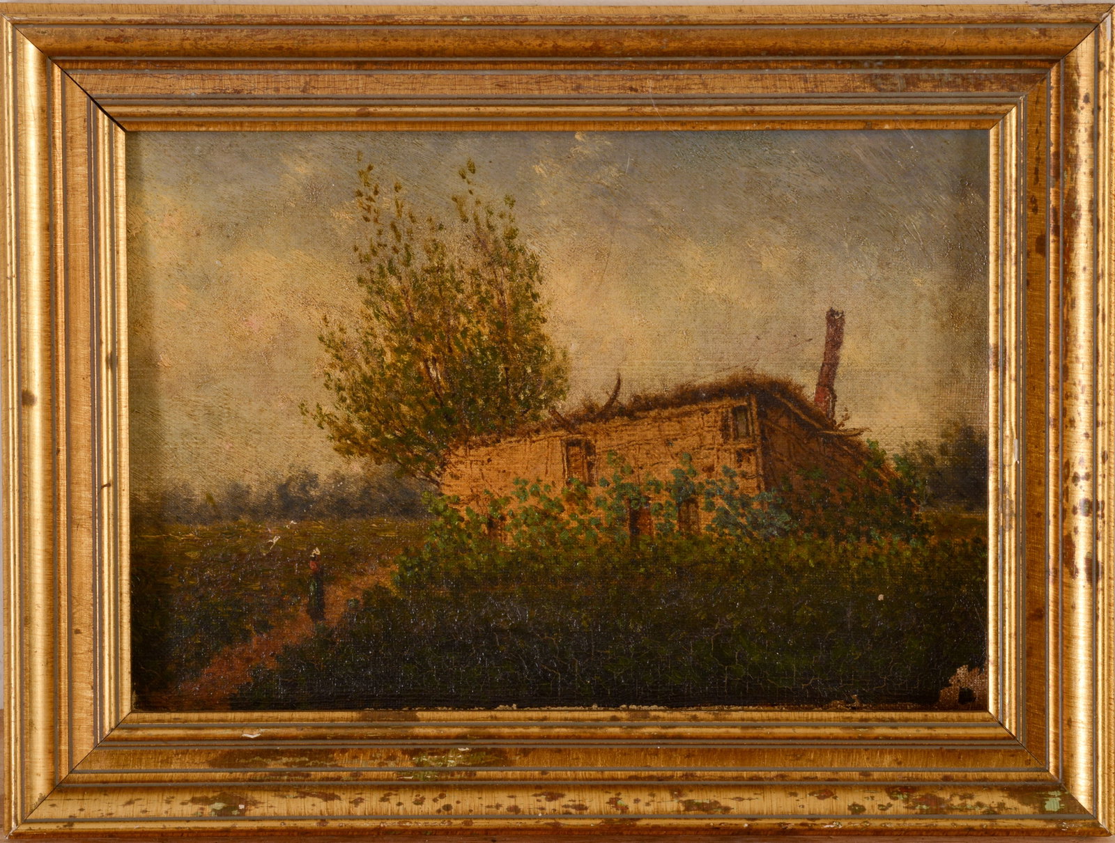 19th Century European Landscape With Figure and Abandoned Building.: Oil on canvas, 7.5 x 10.75 inches. Framed, 10 x 13.25 inches.