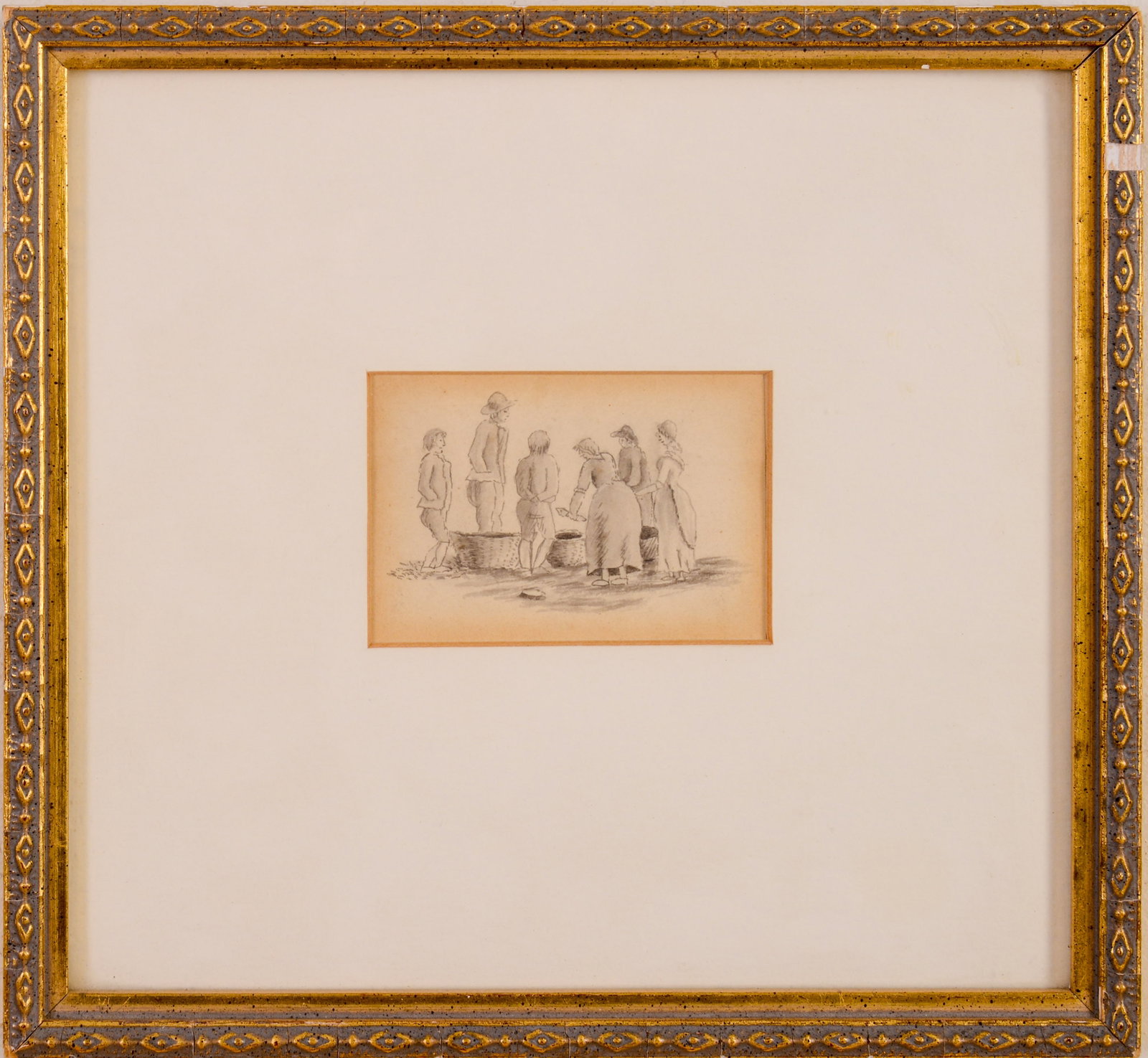 19th Century Pencil Drawing of Fish Processing.: 2 x 3 inches, sight. Framed, 8.25 x 9 inches. Small loss to frame.