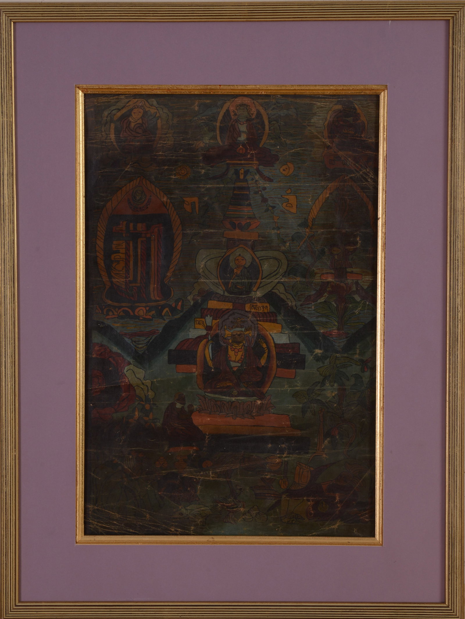 Tibetan Thangka Painting.: 17.5 x 11.5 inches, sight. Framed, 24 x 18 inches. Lacking glass.