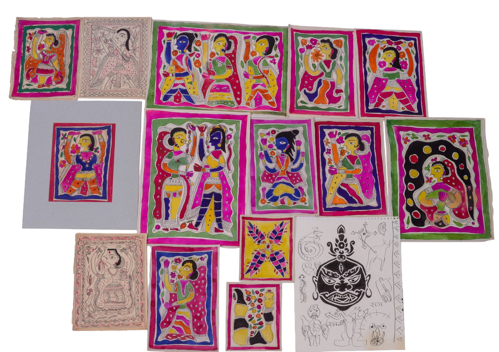 Group of Indian Madhubani (Mithila) Folk Paintings.: Larger sheets 15 x 11 inches. 14 in total, 3 mounted on cardboard.