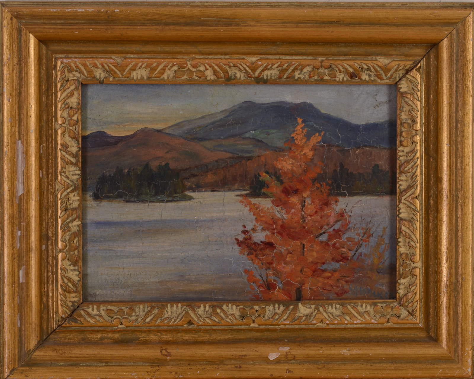 New England Mountain Landscape.: Oil on board, 8.5 x 12 inches, signed lower right. Framed, 13.75 x 17.5 inches. Some losses to frame.
