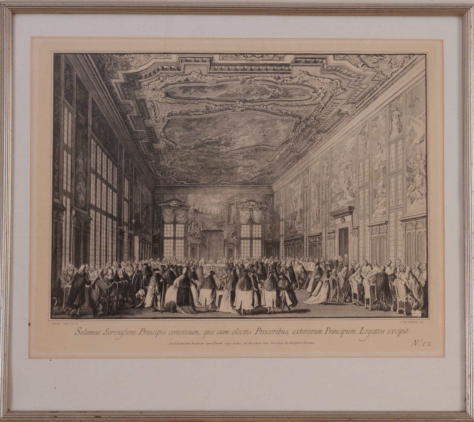 Giovanni Battista Brustolon. The Doge Entertains Foreign AMbassadors at a Banquet.: Engraving on paper, image 15 x 21 inches. Framed, 24 x 27 inches.