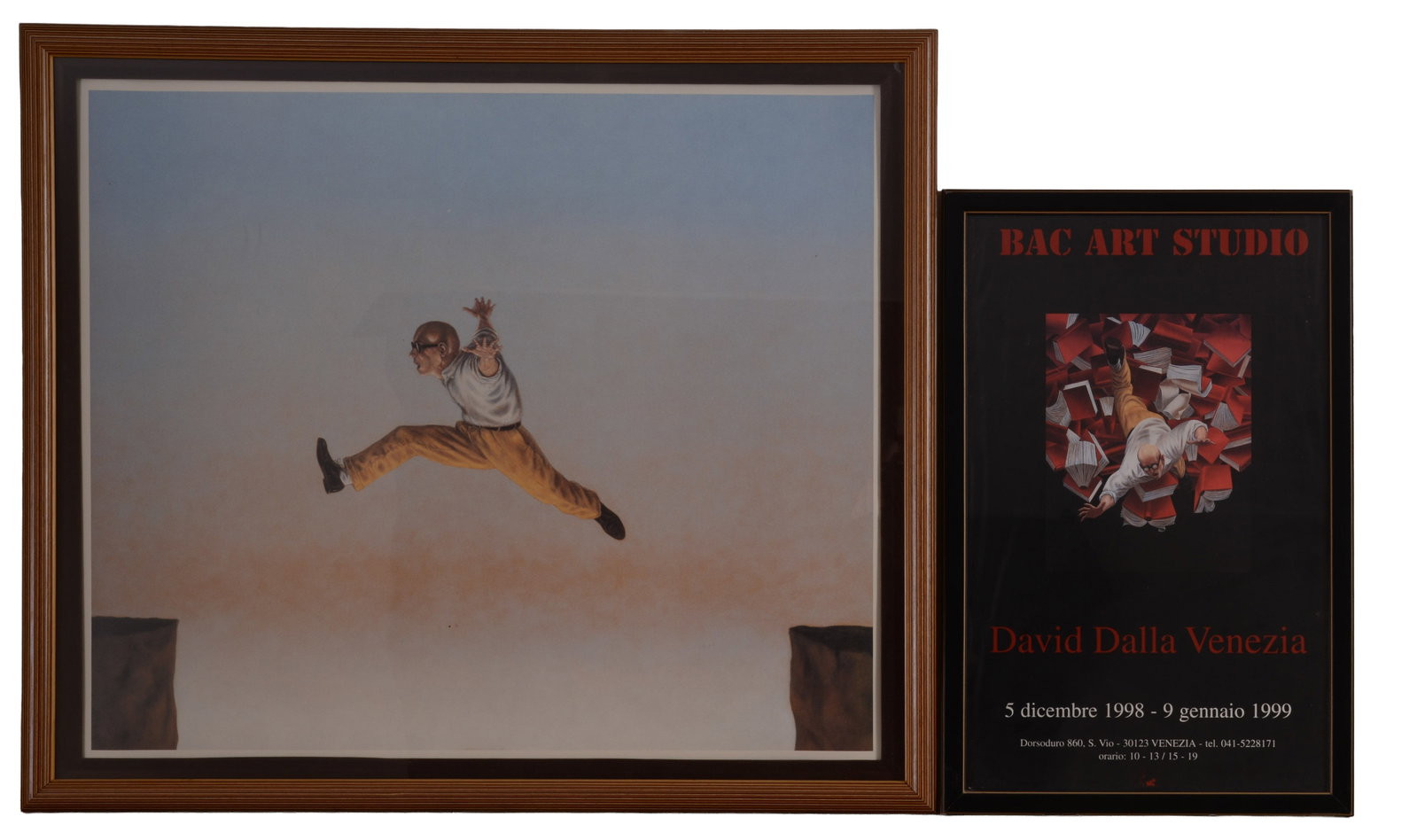 David Dalla Venezia (b. 1965). Leaping Man.: Lithograph on paper, image 21 x 25 inches. Framed, 25 x 29 inches. Together with a 1999 exhibition poster