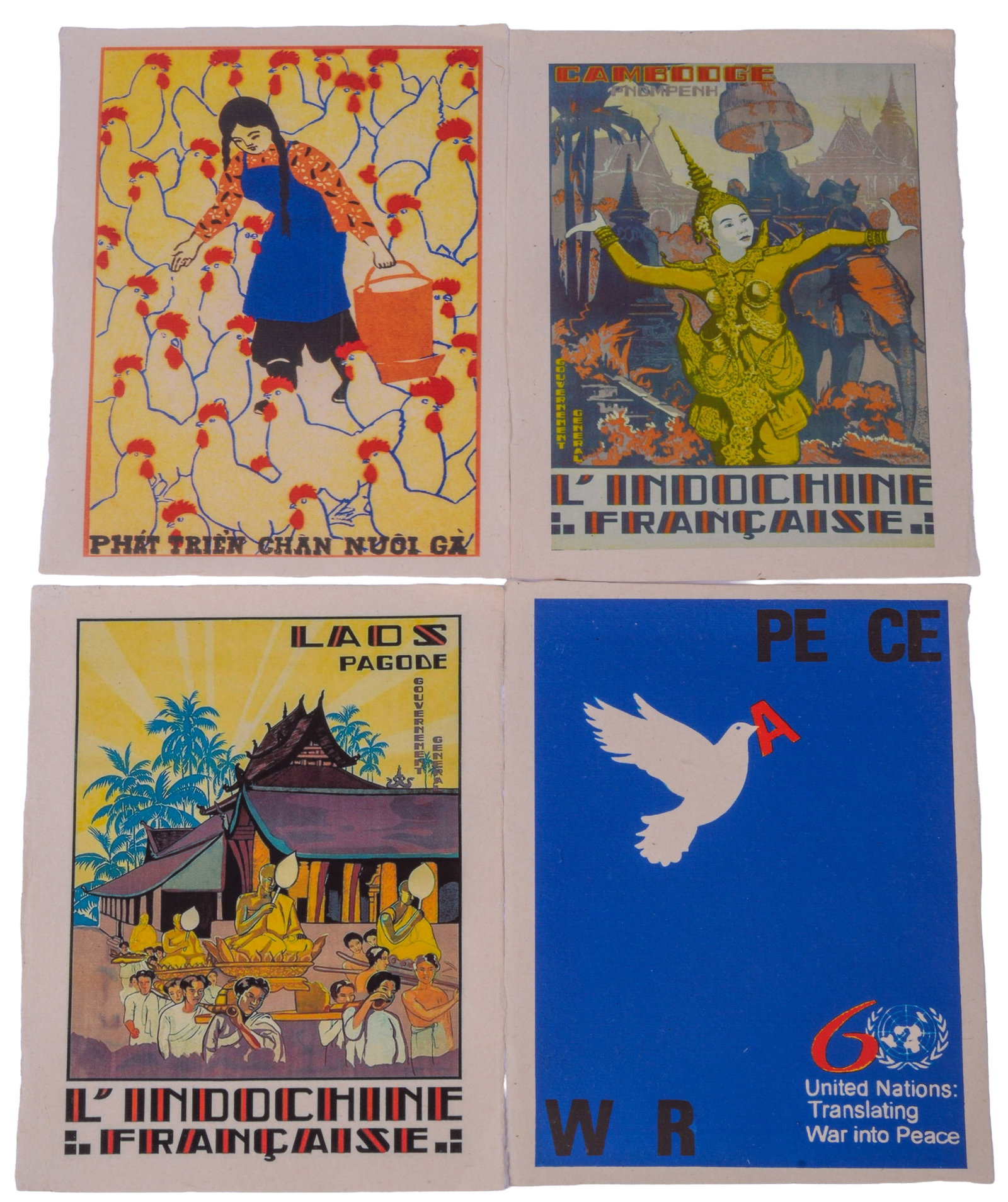Four Vietnamese Rice Paper Posters.: United Nations: Translating War into Peace, and three others. 15.5 x 12 inches.
