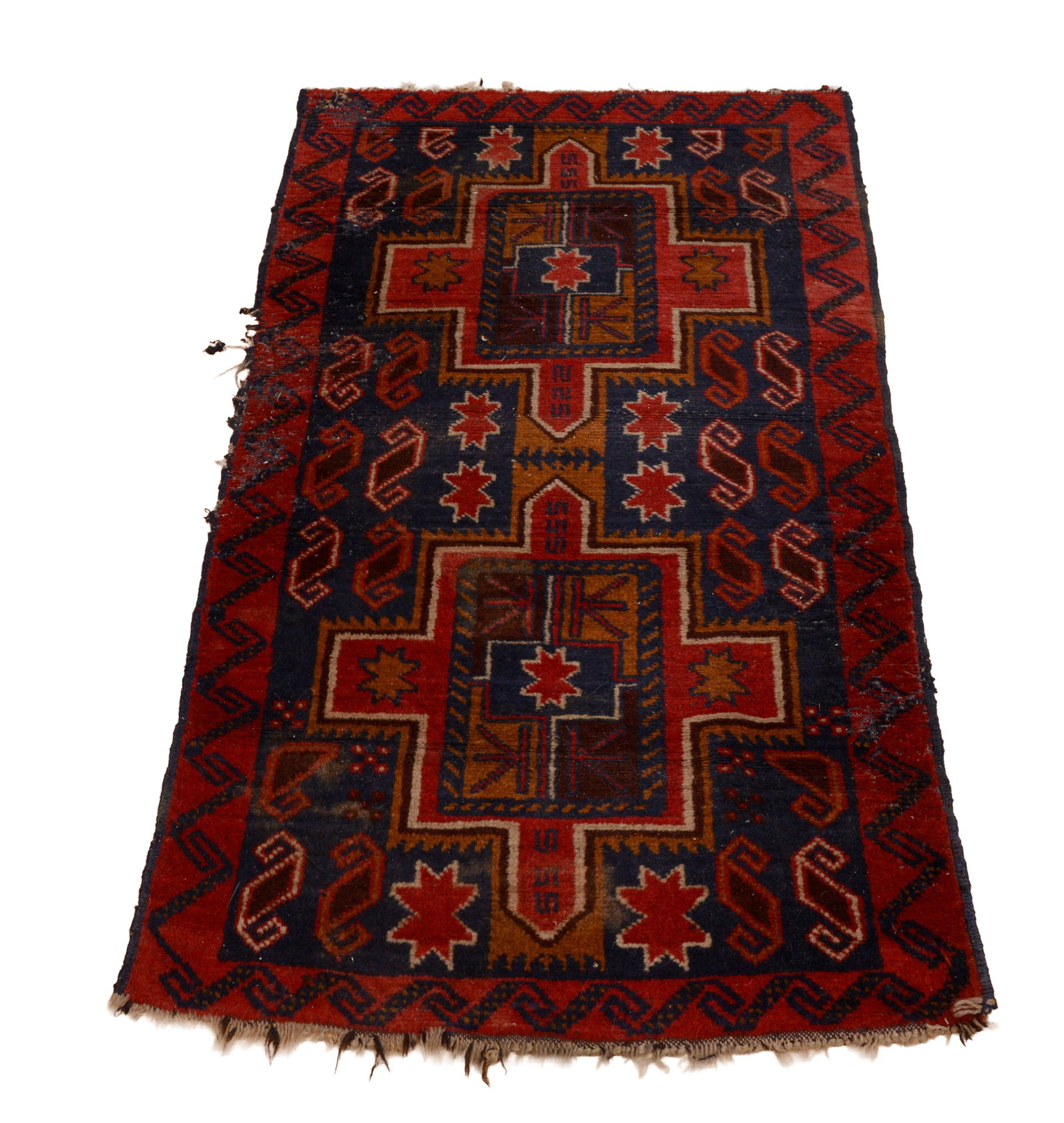 Small Oriental Rug.: 4 feet 10 inches by 2 feet 9 inches. Some tears around edges.