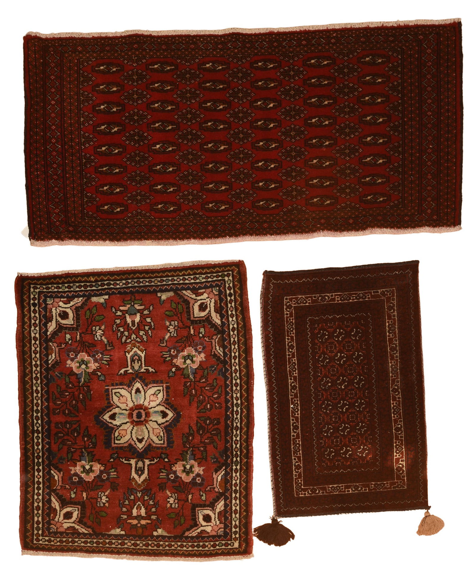 Three Persian Oriental Mats.: 36 x 28, 51 x 24, and 31 x 19 inches. Good condition.