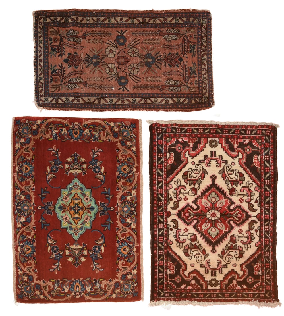 Three Small Oriental Mats.: 35 x 20, 35 x 24, and 38 x 25 inches. Some wear.