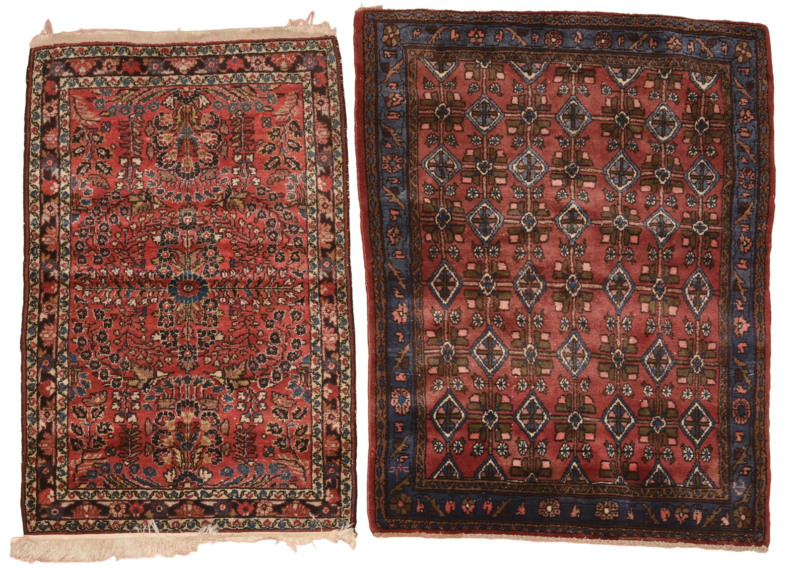 Two Small Oriental Hand Woven Carpets.: 50 x 31 and 52 x 38 inches.