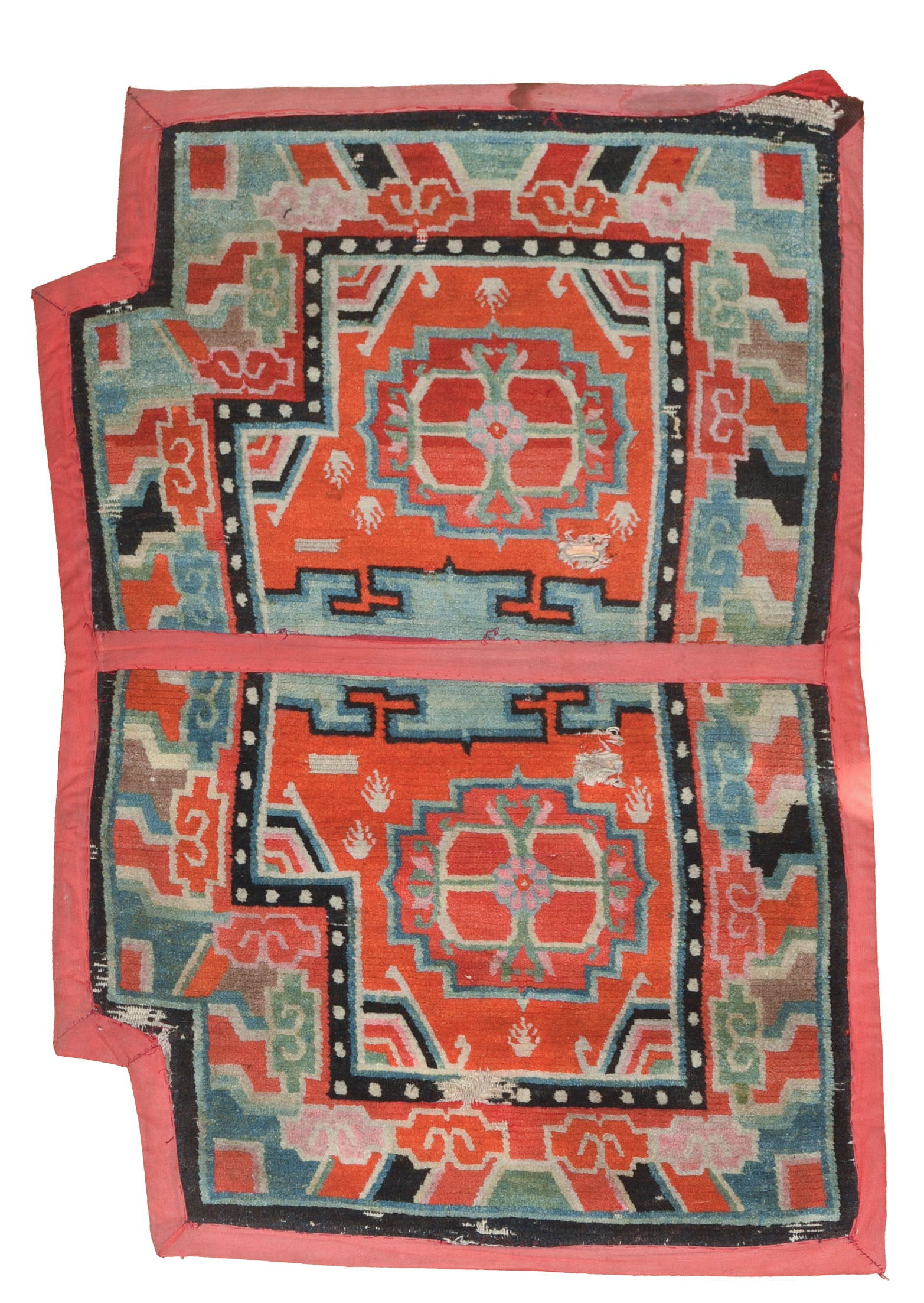 Vintage Tibetan Wool Saddle Rug.: 27 x 41 inches. Some holes.