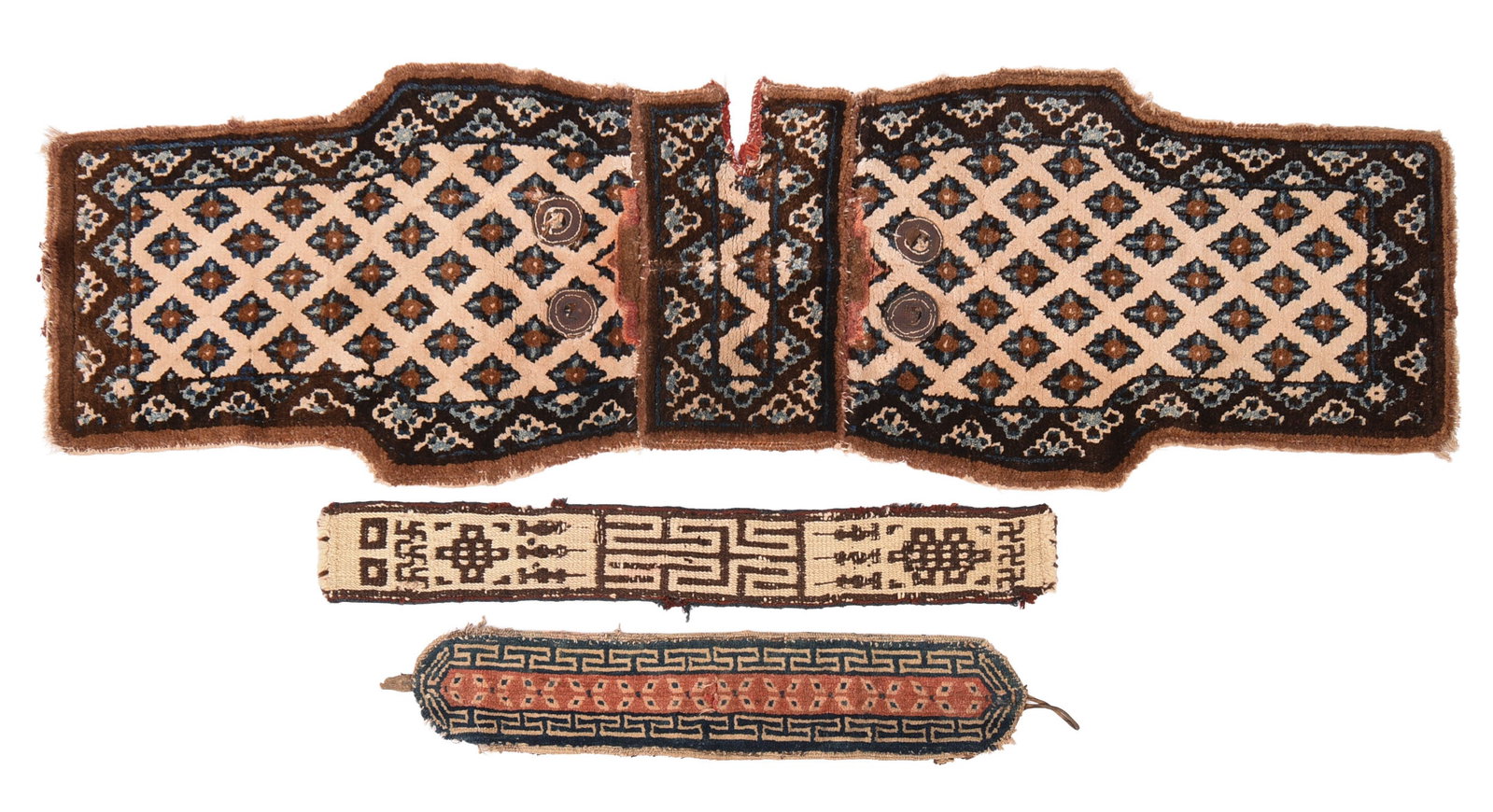 Tibetan Hand Woven Saddle Rug and Two Trappings.: Rug 15 x 58 inches. Some wear.