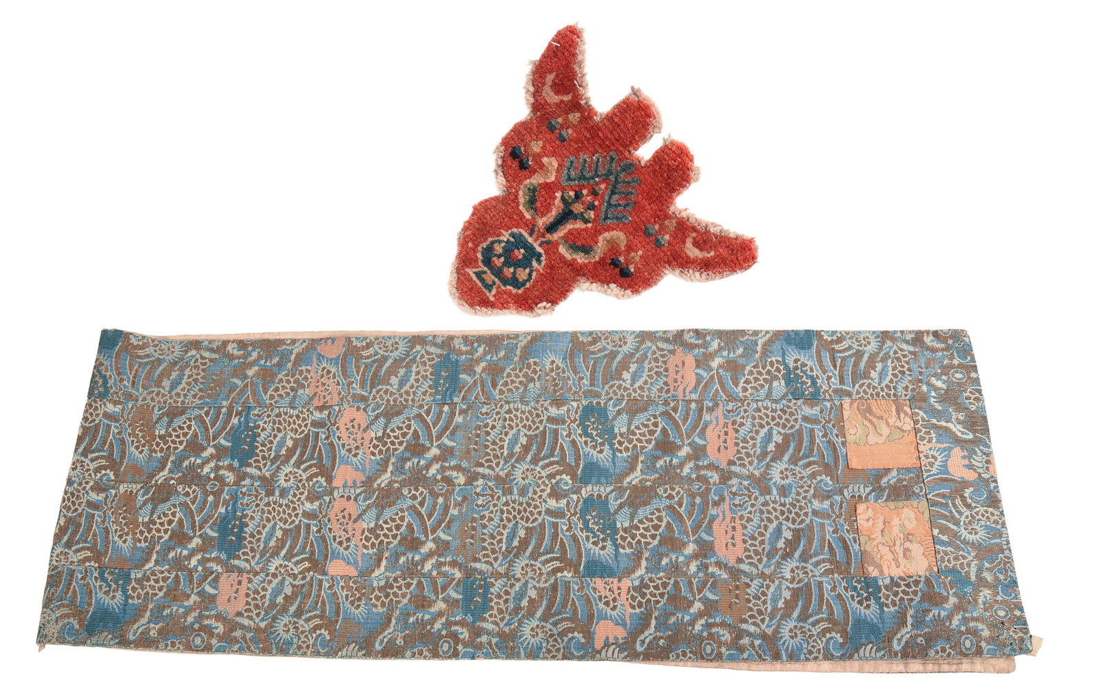 Asian Embroidered Panel.: 58 x 10 inches. Together with a rug fragment.