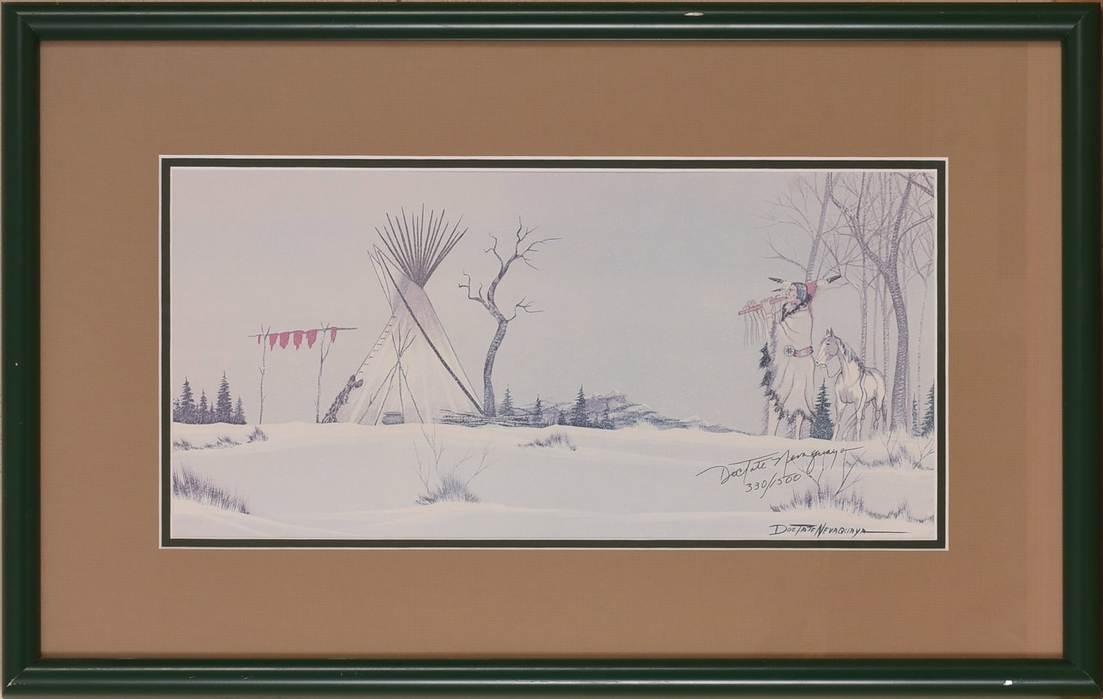 Doc Tate Nevaquaya Signed Print.: 8.5 x 17 inches, signed, signed and numbered 330/1500. Framed, 16 x 24 inches.