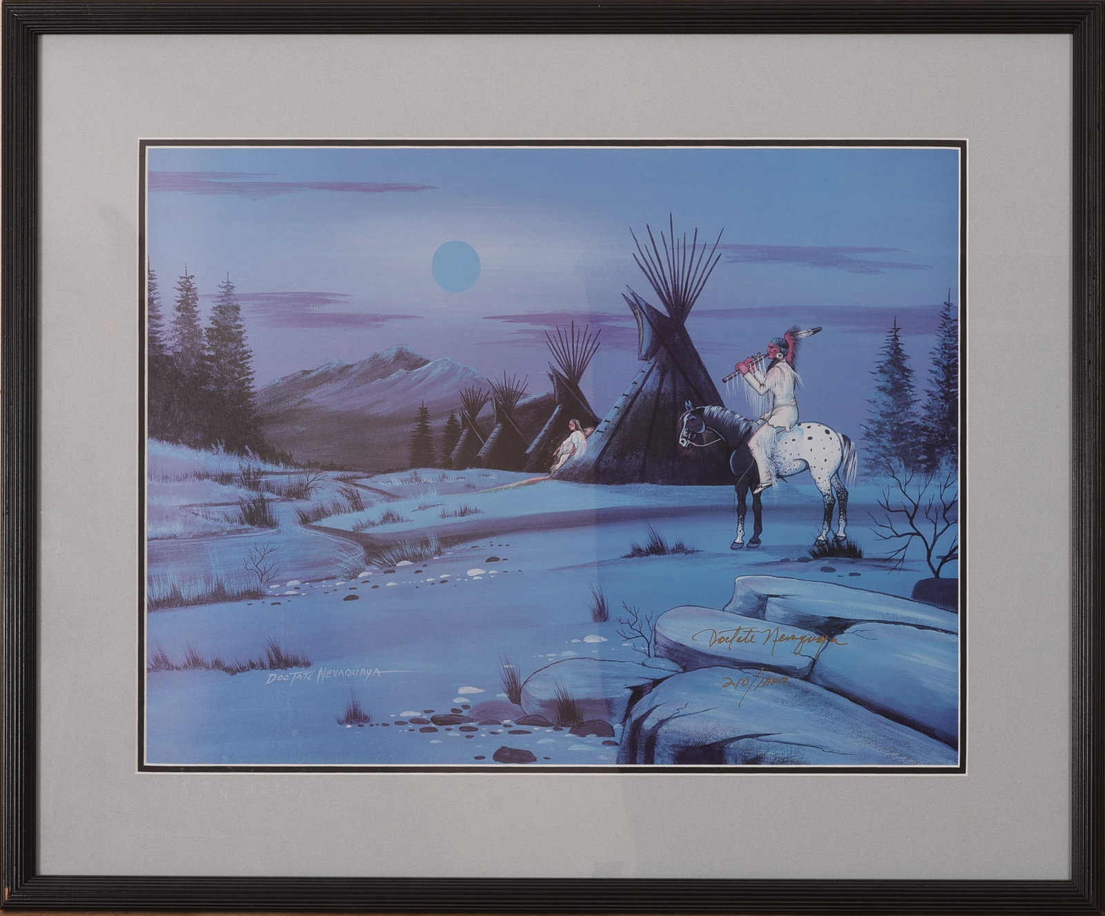 Doc Tate Nevaquaya Signed Print.: 18 x 23 inches, sight, signed and numbered 210/1000. Framed, 25.5 x 32 inches.