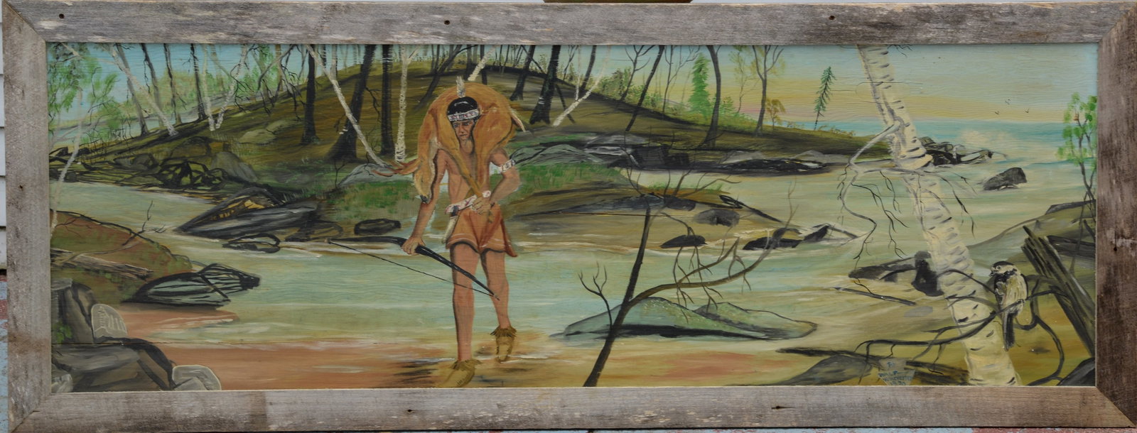Walt Winchester Painting of a Native American Man Carrying a Deer. 1970: Oil on panel, in barnwood frame, 27 x 71 inches.