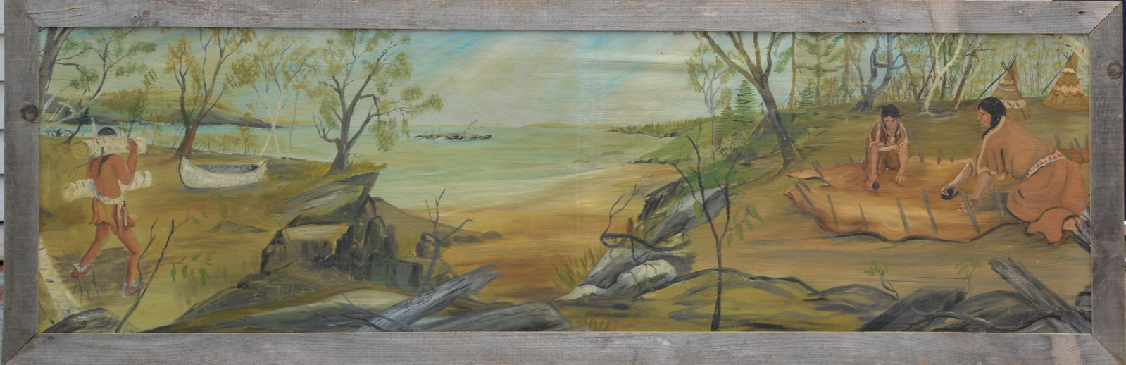 Walt Winchester Painting of Native Americans by a Lake, 1970.: Oil on panel, in barnwood frame, 27 x 81 inches.