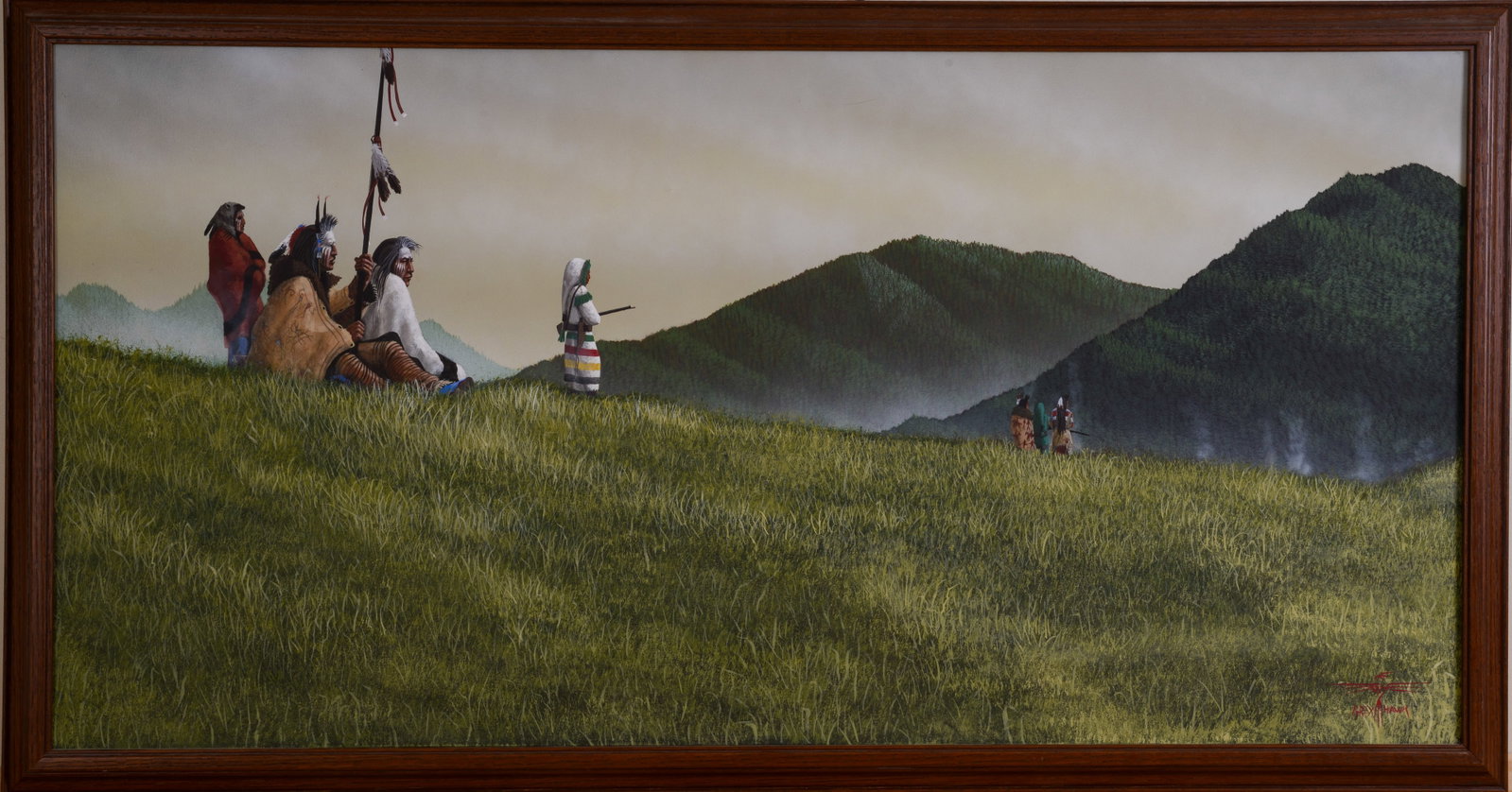 John Grey Hawk. Native American Hunting Scene.: Oil on canvas, 24 x 48 inches. Framed.
