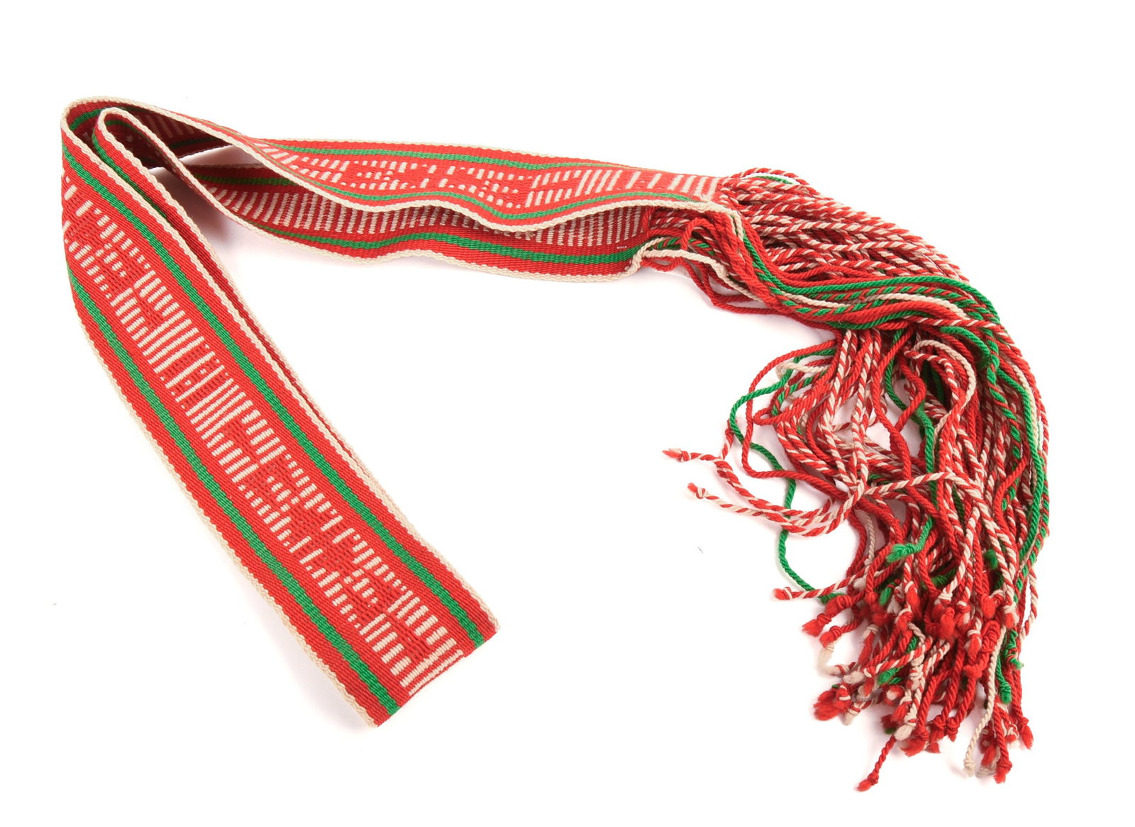 Native American Woven Ceremonial Sash.: Width 2.75 inches, length not including fring 56 inches.