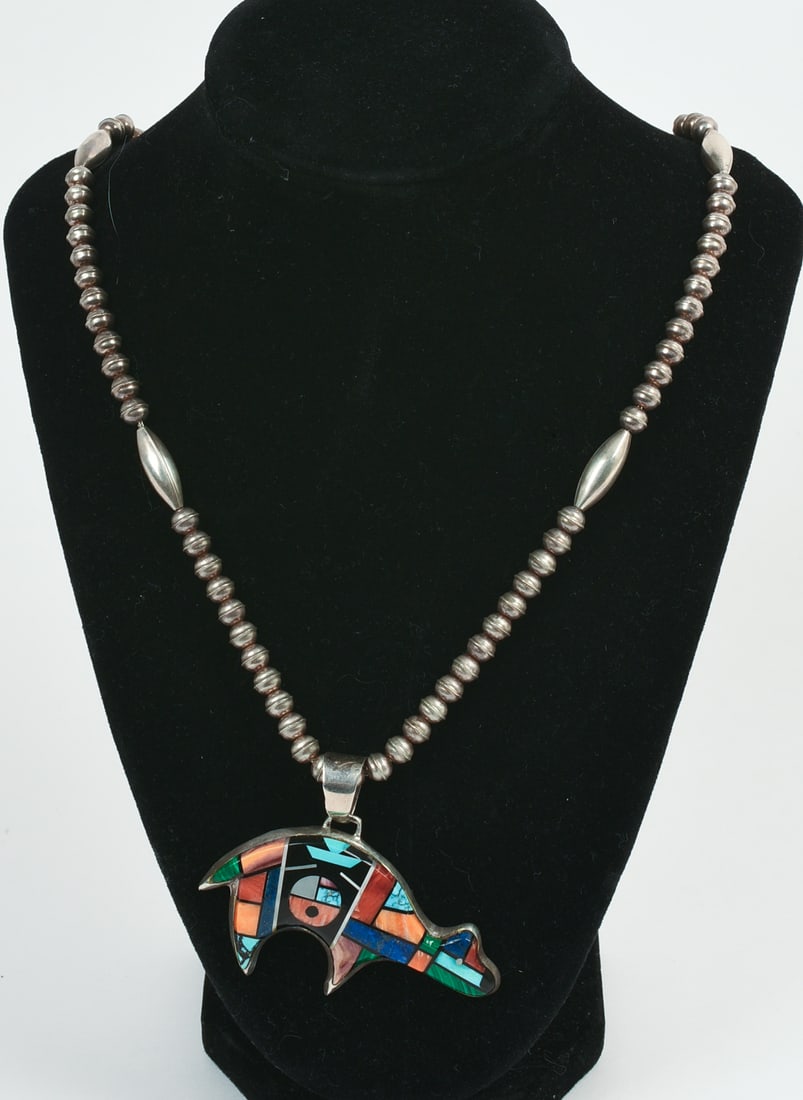 Alvin Yellowhorse Navajo Sterling Inlaid Pendant Necklace.: Bear pendant 2.5 x 1.25 inches, chain 21 inches.