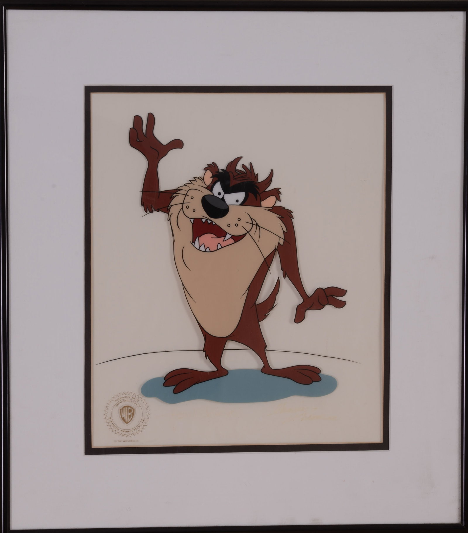Taz Tasmanian Devil Sericel: Certificate of Authenticity, Barker Animation label on back, Cheshire, CT, framed, 18 x 16 inches.
