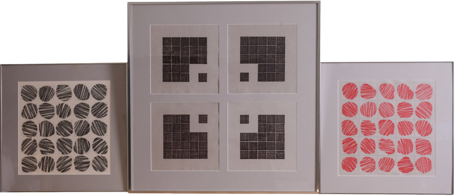 David Kelly (Maine Contemporary). Three Artworks.: Crayon on paper, includes a pair, frames 22 x 22 inches, and a larger piece, frame 32 x 32 inches.