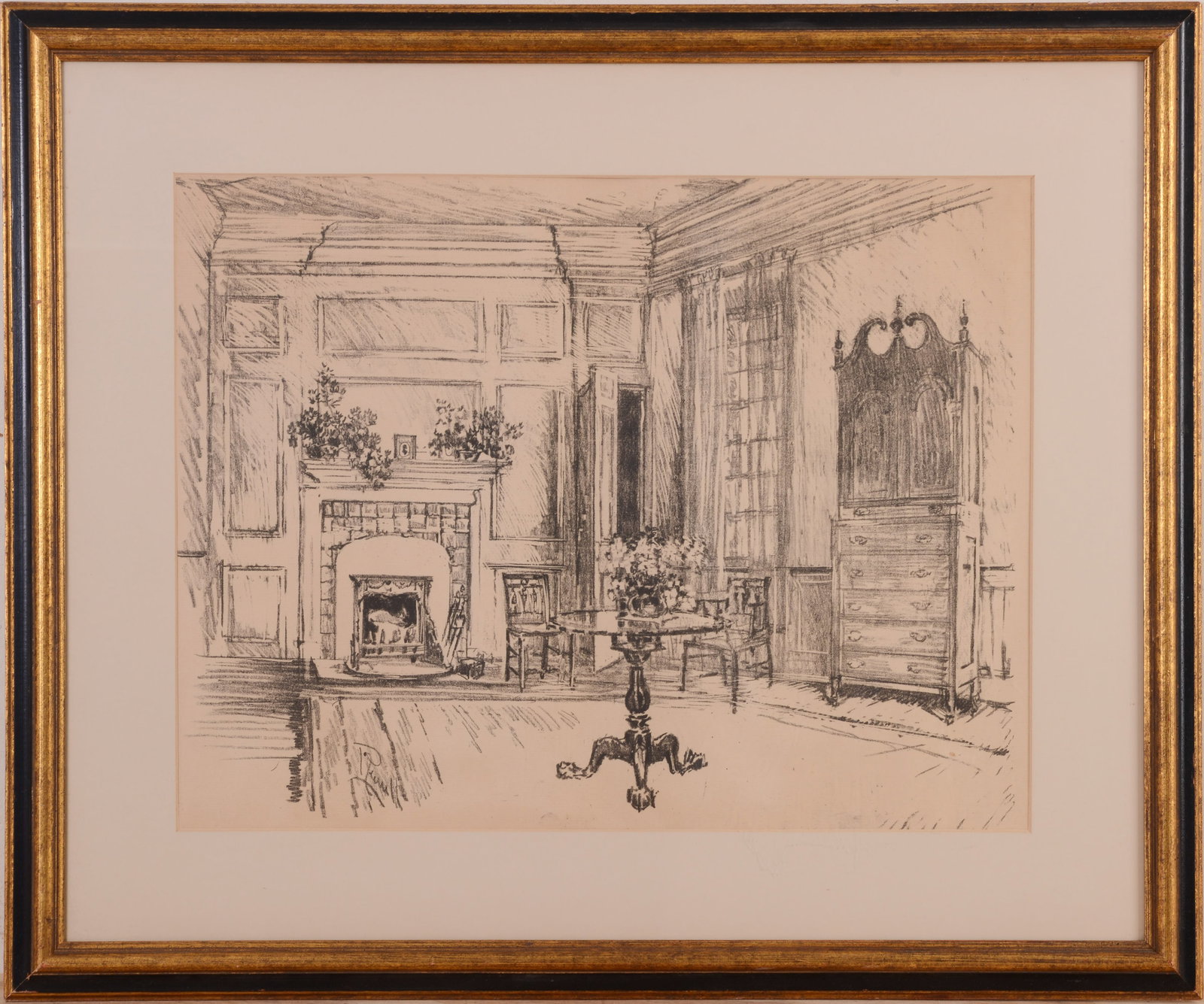 Joseph Pennell Lithograph.: (Pennsylvania 1857-1926), Depicts the Upper Room of the Stenton Mansion, Philadelphia, signed in the plate, framed. Stenton is considered one of the best examples of 18th c. American Georgian architec