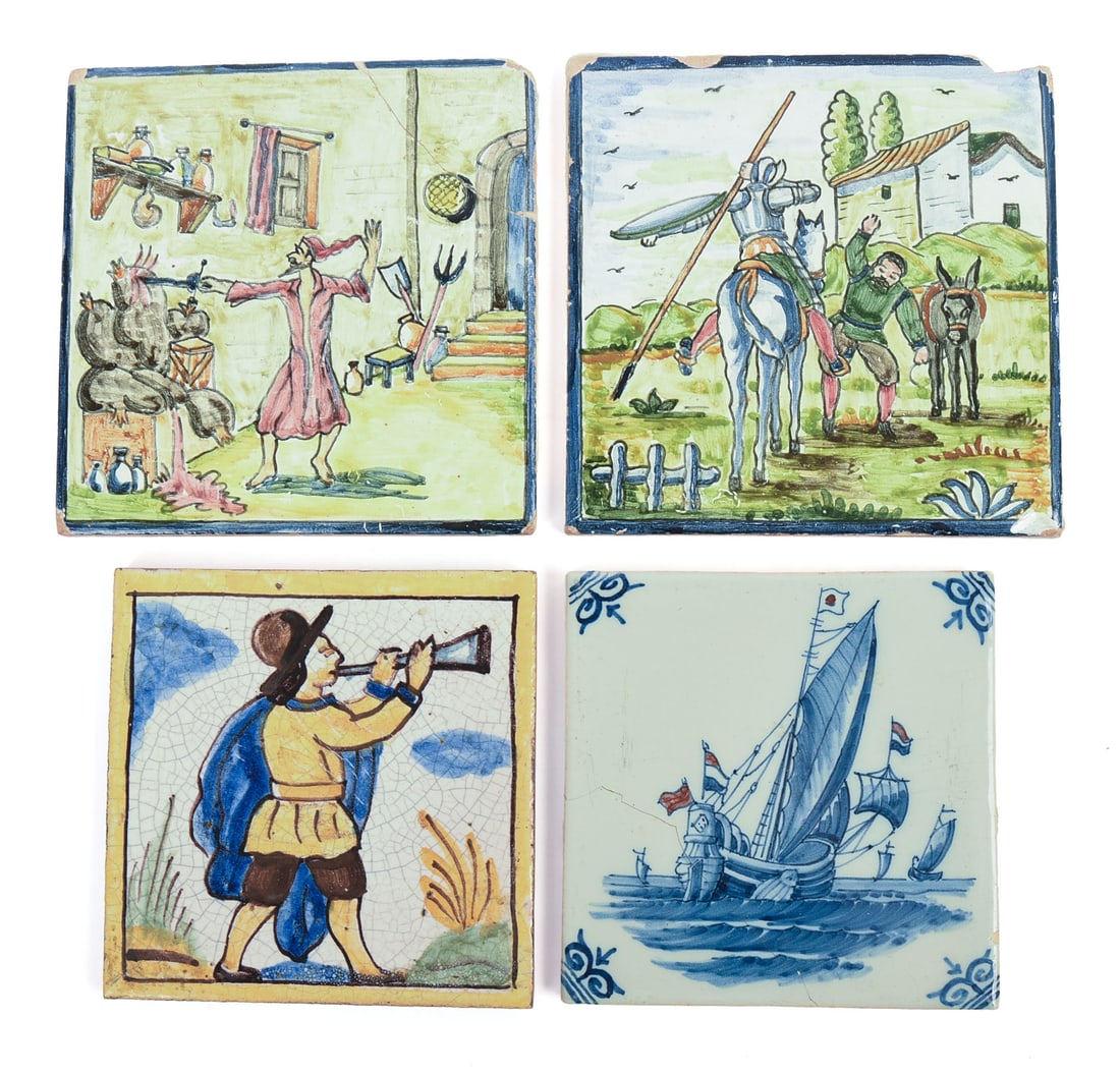 Four Glazed Tiles.: Two portuguese, 6 x 6 inches. Two Delft, 5 x 5 inches. Larger with losses around edges, one with repaired break.