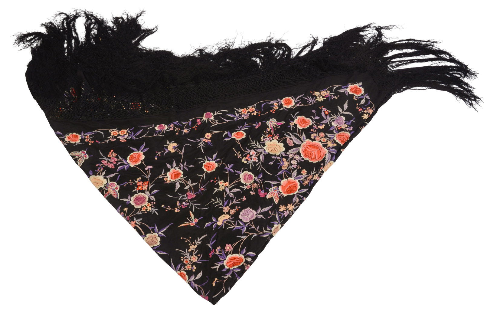 Embroidered Piano Shawl.: 70 x 62 inches, not including fringe.