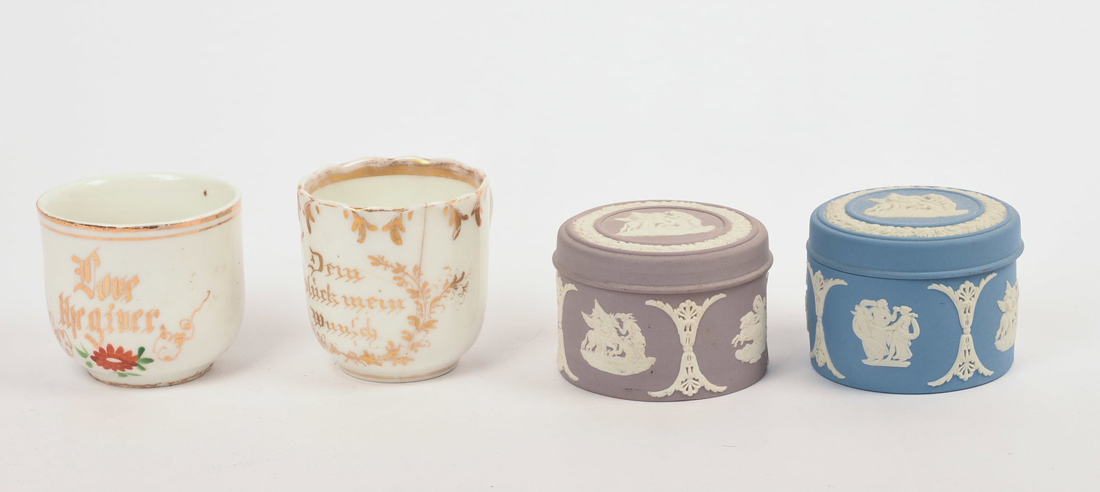 Two Wedgwood Dresser Jars and Two Children's Mugs.: Jar diameter 2.75 inches. One cup with hairline crack.