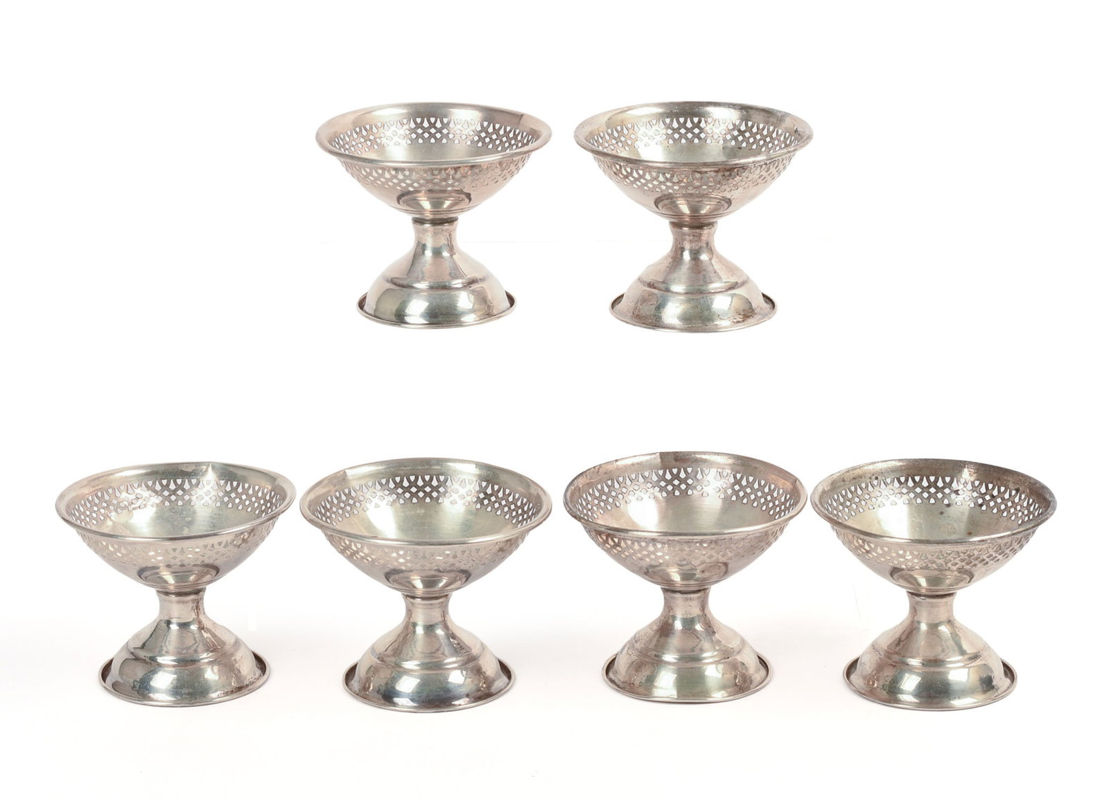 Six Sterling Fruit Cup Holders.: Height 2.5 inches, 101 grams. Some dents.