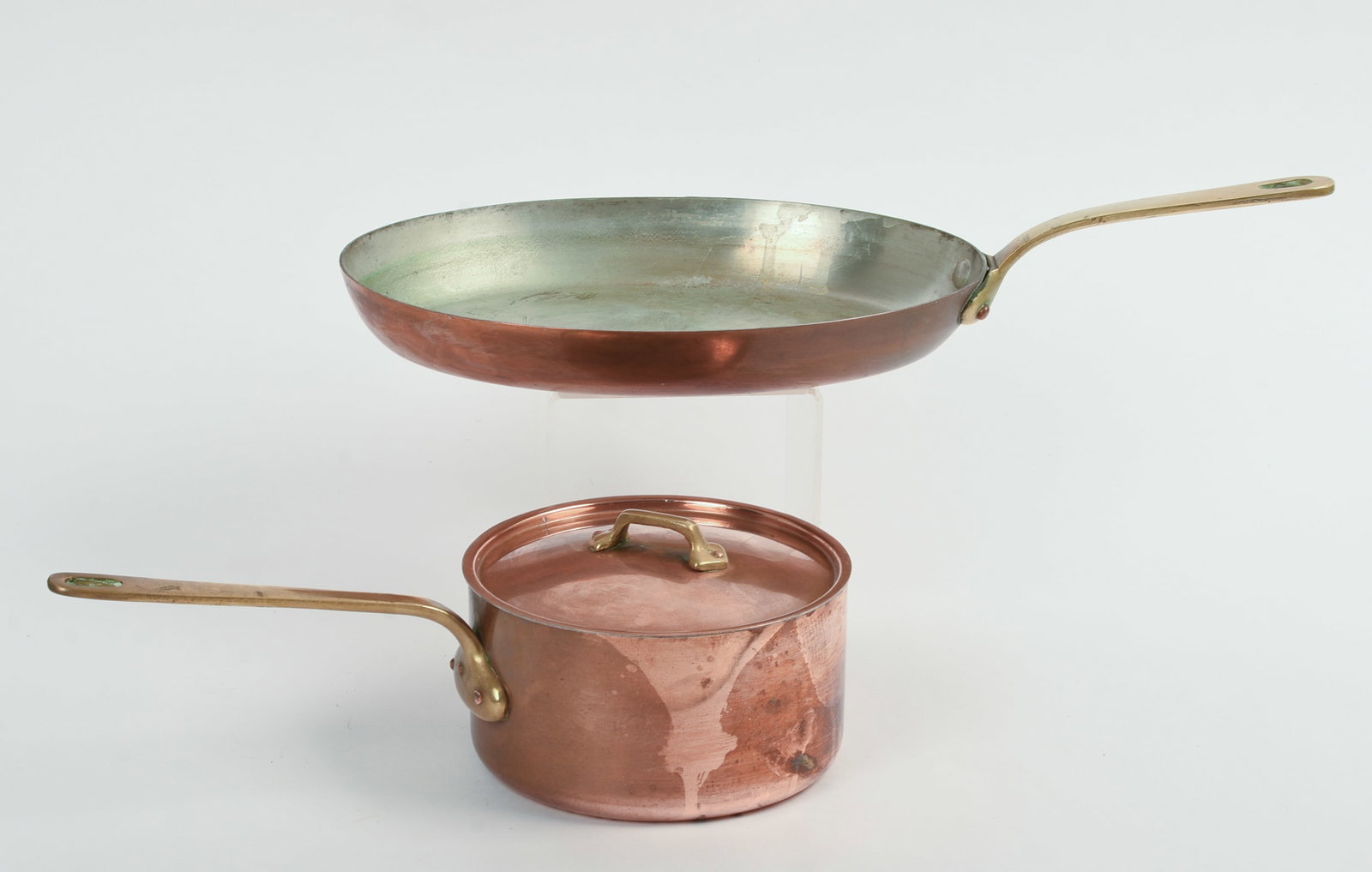 Two Copper Pans.: Saucepan, diameter 7 inches, and a saute pan.