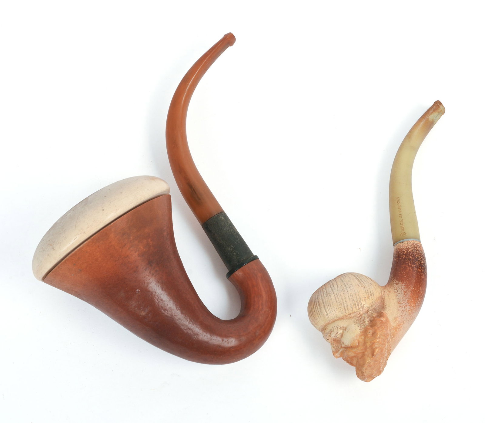 Two Antique Carved Meerschaum Pipes: Lengths 5.5 and 6 inches.