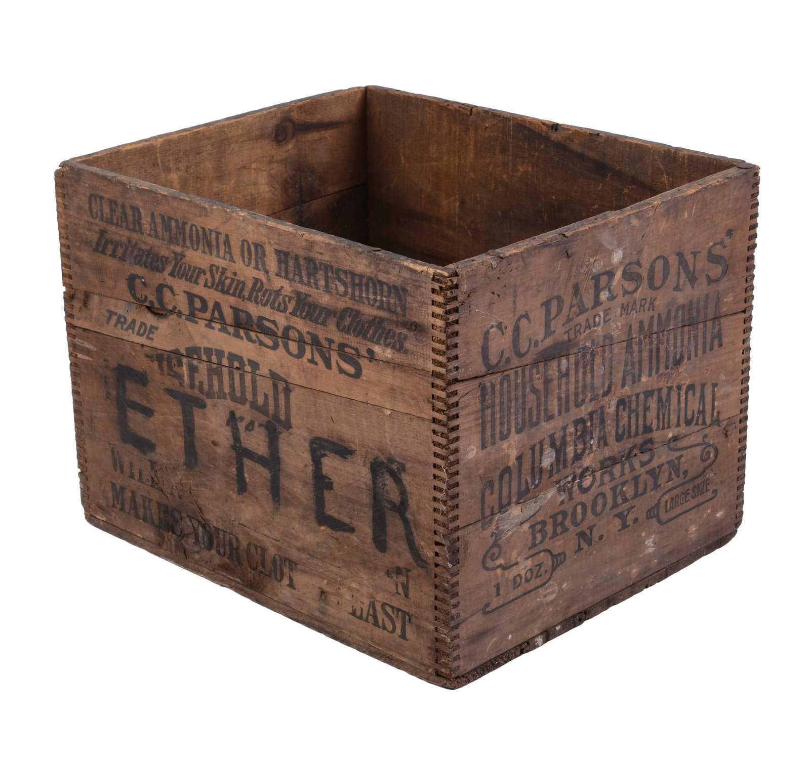 Antique C C Parsons Household Ammonia Box: ETHER handwritten on one side in black ink, 12 x 16 x 12.5 inches.
