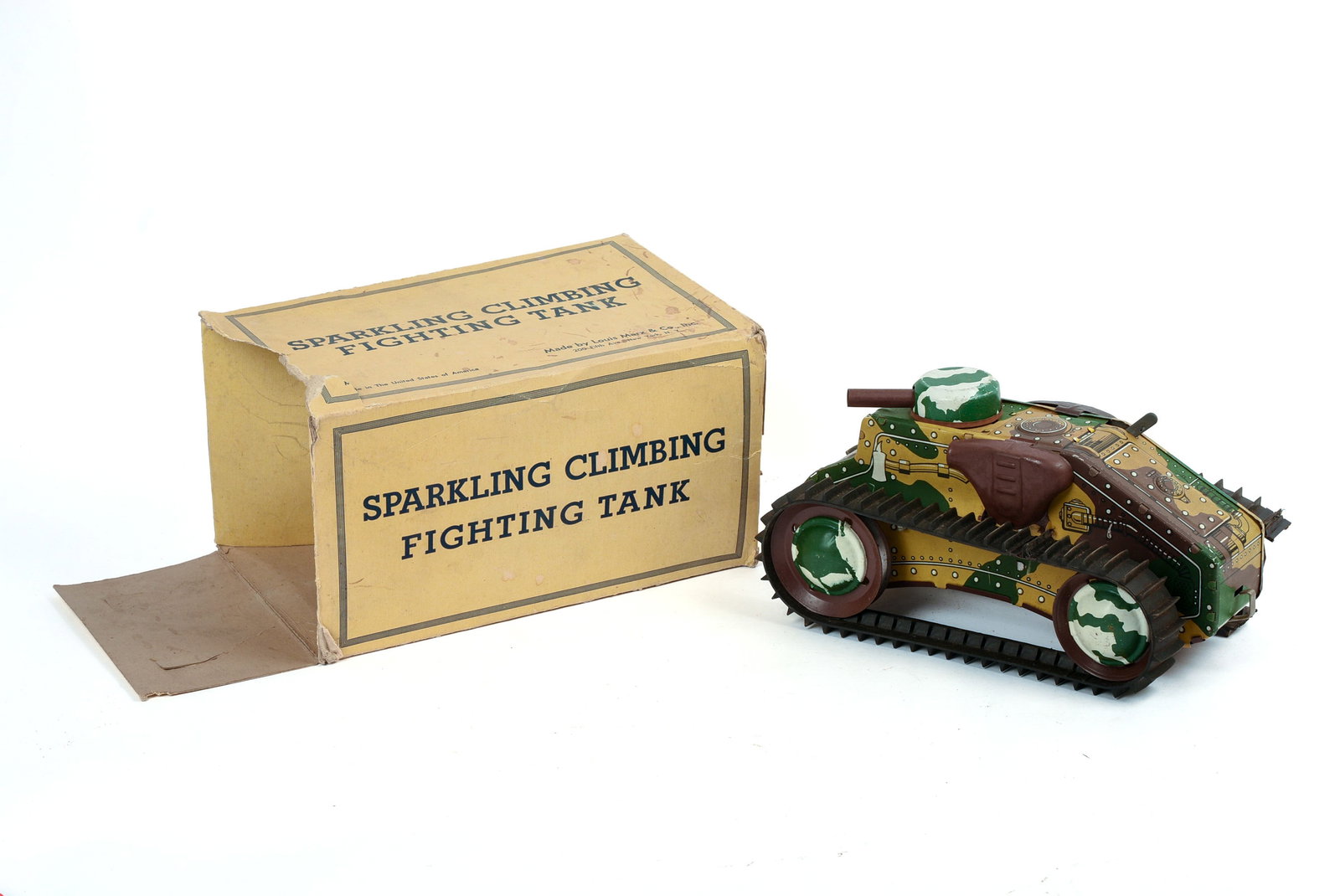 Marx & Co. Toy Sparking Climbing Fighting Tank: Original box, second track present but separated, length 9.5 inches.