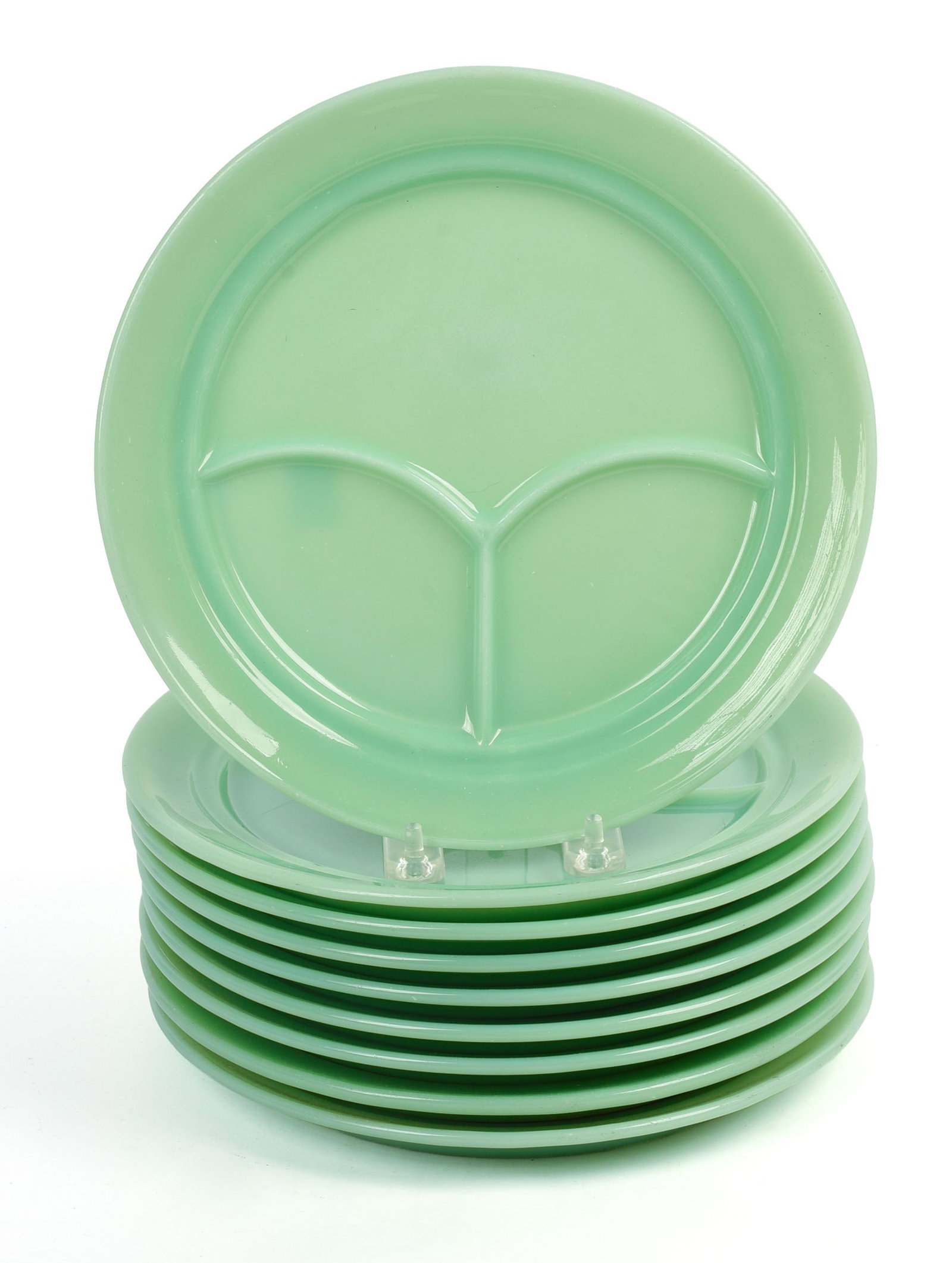 Nine Jadeite Fire King Divided Dishes: Diameter 9.5 inches, good condition.