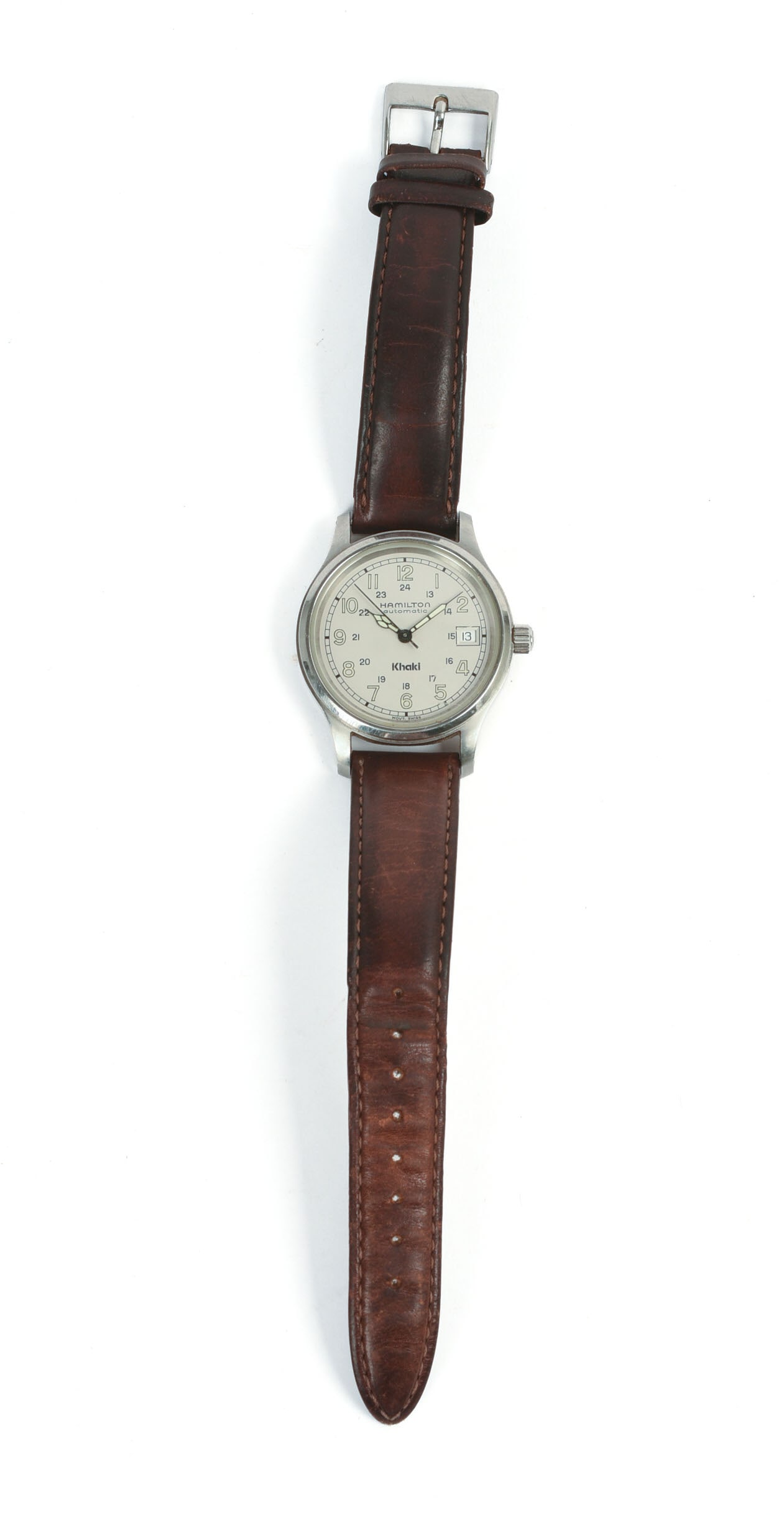 Hamilton Khaki Wrist Watch: 25 jewels, see through back, leather band, face diameter 1.25 inches.