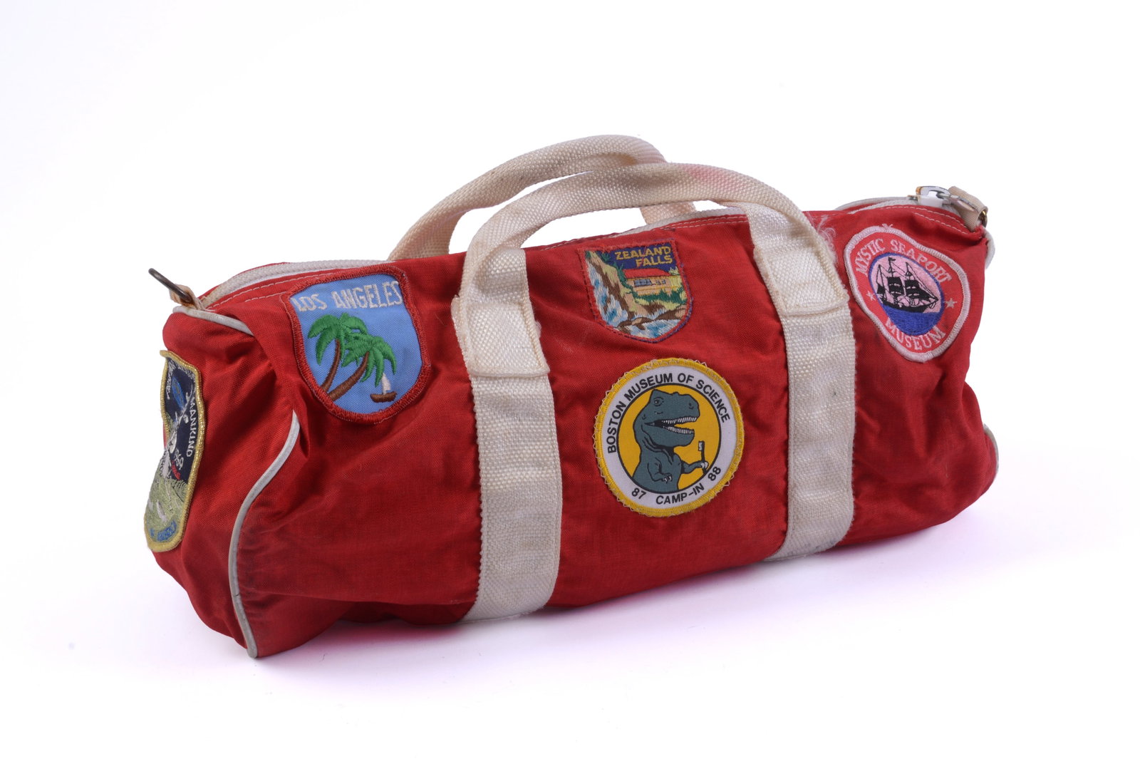 1980â€™s LL Bean Duffle Bag With Vintage Patches: 9 x 13 inches.