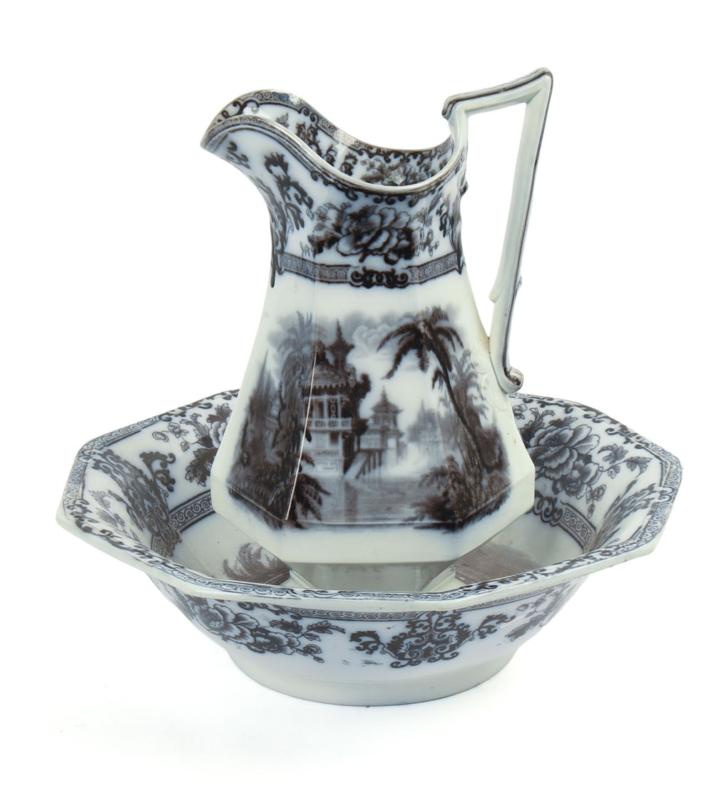 Davenport Ironstone Pitcher and Basin.: Height of pitcher 12 inches, diameter of basin 14 inches. Good condition
