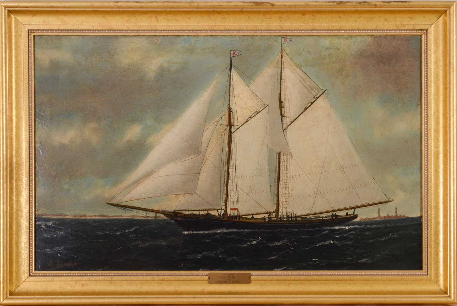WILLIAM P. STUBBS (1842-1909). THE SCHOONER JOHN M. KEEN.: Oil on canvas, depicted sailing past Boston's twin lights, and signed lower left. In a later frame. The John M. Keen was built in Essex, Massachusetts in 1894. Sight 22 x 36 inches.