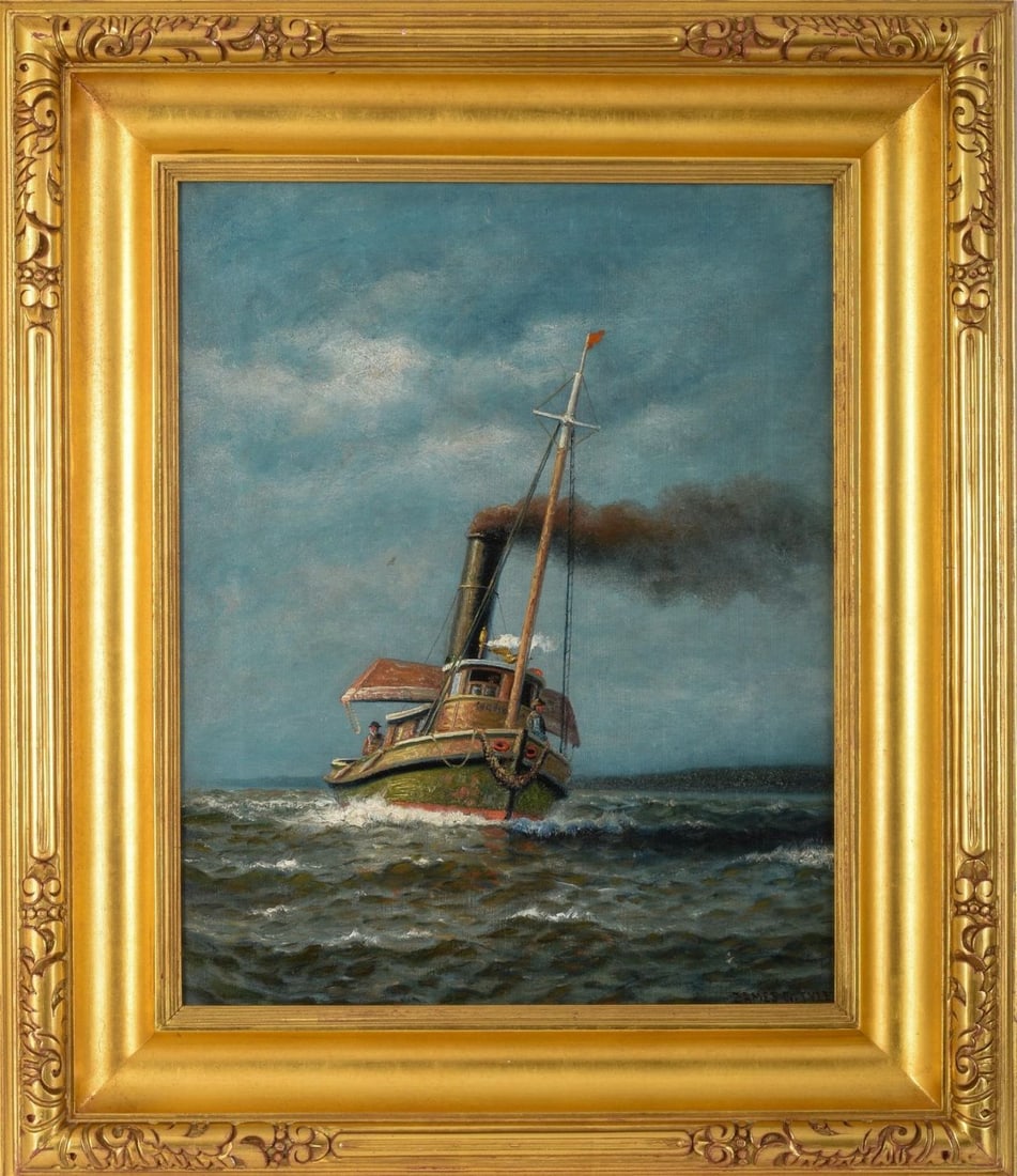 JAMES GALE TYLER (1855 - 1931). TUGBOAT WITH DORY.: With label for Godel & Co Fine Arts. Oil on canvas. Sight, 20 x 16 inches. In a later gilt frame, 28 x 24 inches.